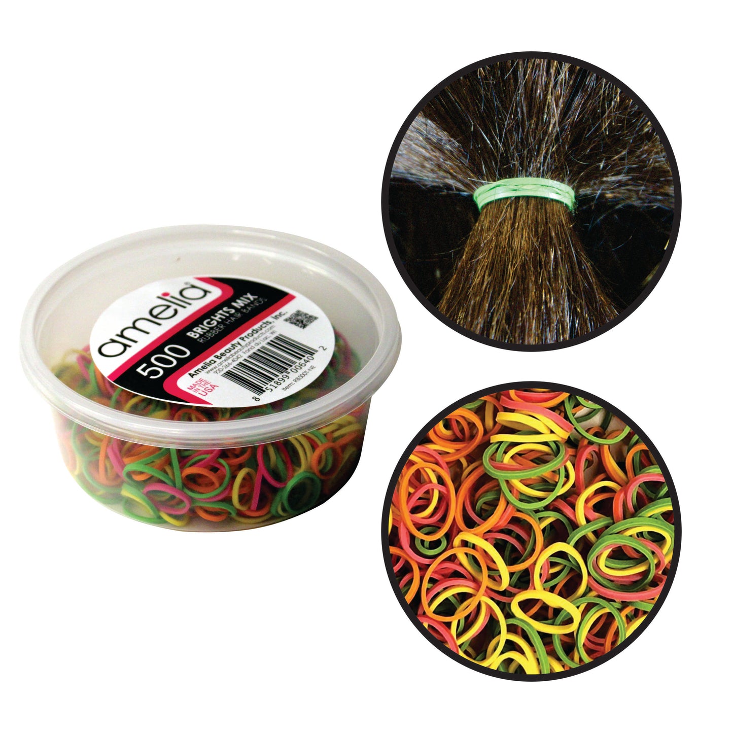 Amelia Beauty | 1/2in, Brights Neon Mix, Elastic Rubber Band Pony Tail Holders | Made in USA, Ideal for Ponytails, Braids, Twists, Dreadlocks, Styling Accessories for Women, Men and Girls | 500 Pack