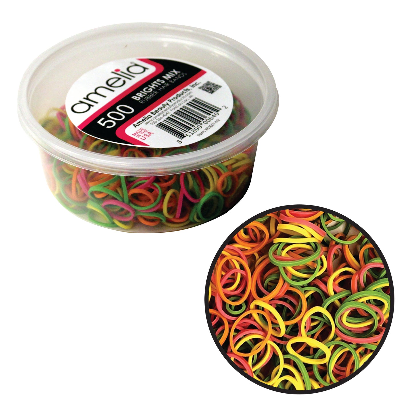 Amelia Beauty | 1/2in, Brights Neon Mix, Elastic Rubber Band Pony Tail Holders | Made in USA, Ideal for Ponytails, Braids, Twists, Dreadlocks, Styling Accessories for Women, Men and Girls | 500 Pack