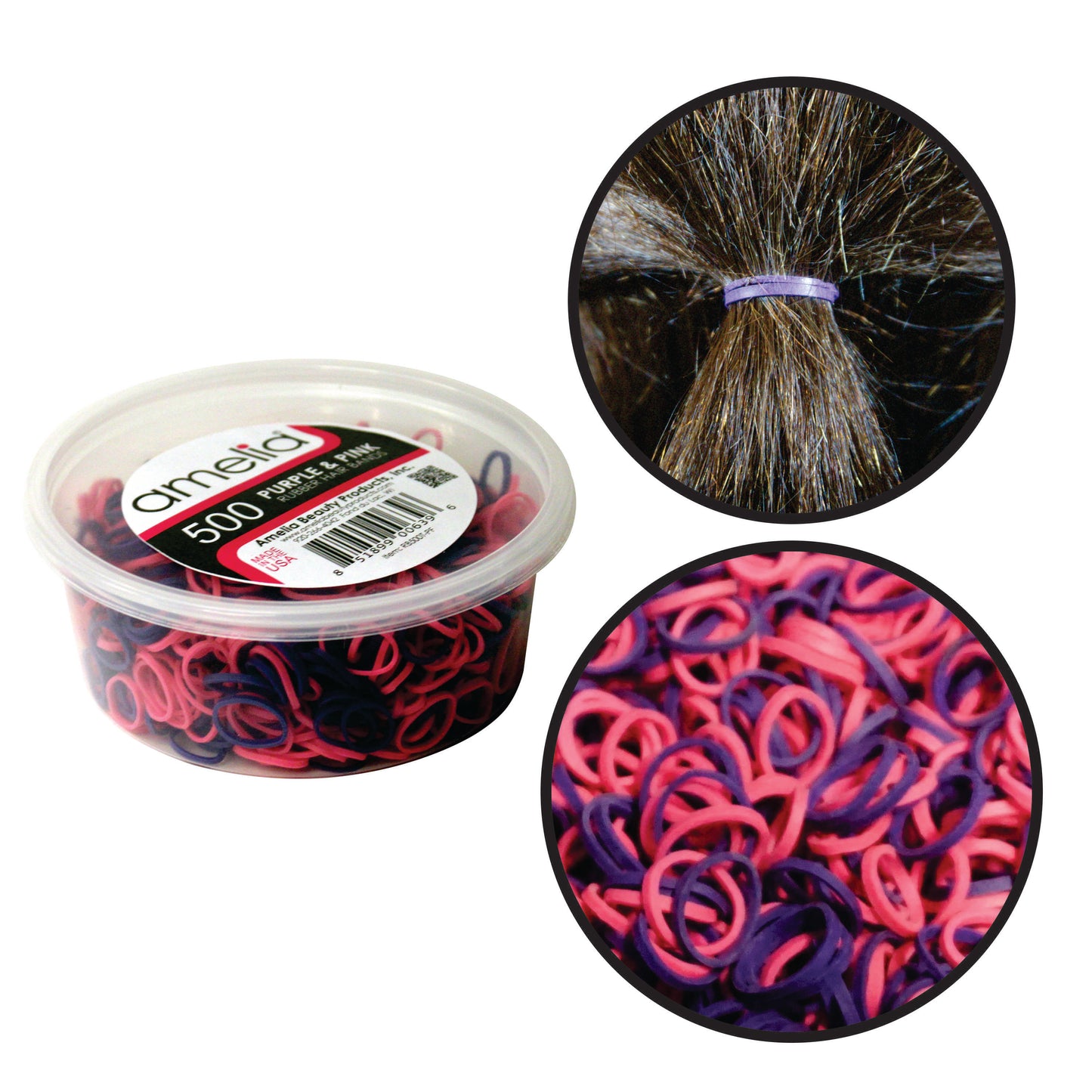 Amelia Beauty | 1/2in, Purple and Fuchsia Mix, Elastic Rubber Band Pony Tail Holders | Made in USA, Ideal for Ponytails, Braids, Twists, Dreadlocks, Styling Accessories for Women, Men and Girls | 500 Pack