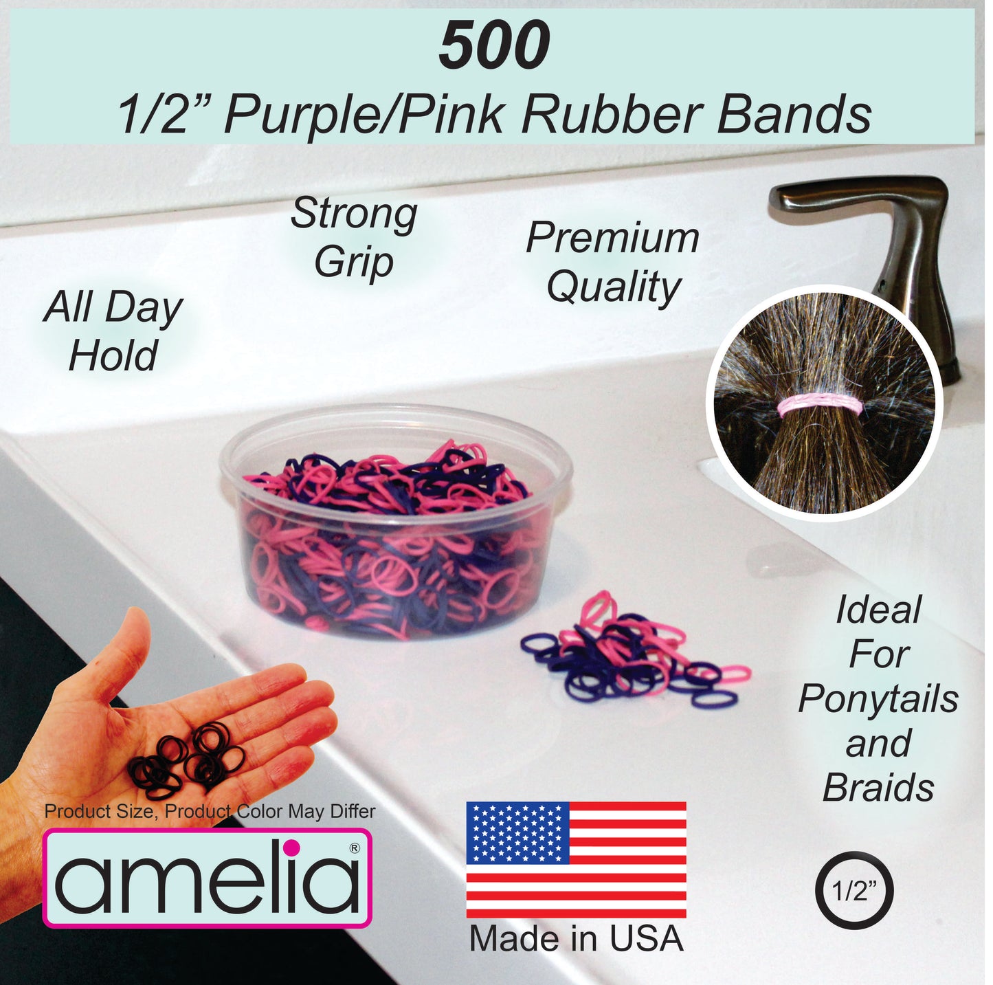 Amelia Beauty | 1/2in, Purple and Fuchsia Mix, Elastic Rubber Band Pony Tail Holders | Made in USA, Ideal for Ponytails, Braids, Twists, Dreadlocks, Styling Accessories for Women, Men and Girls | 500 Pack