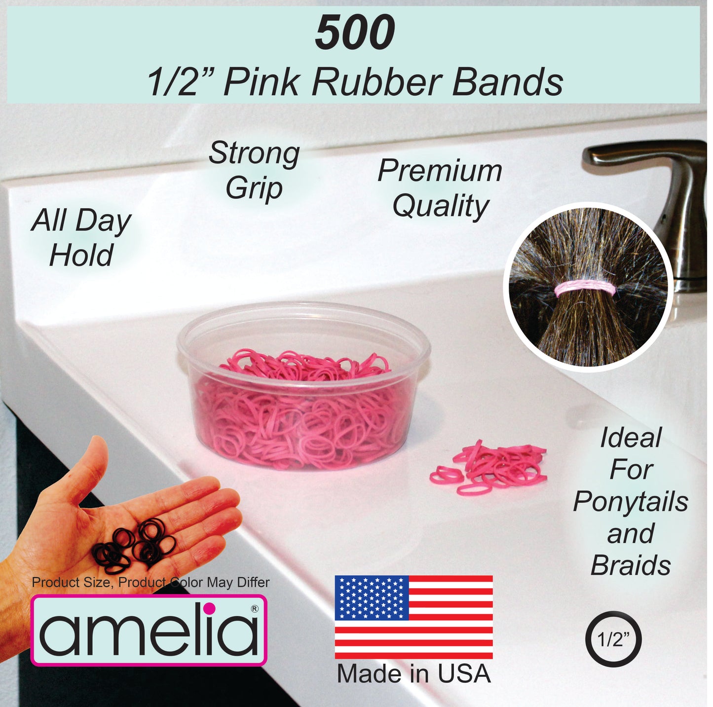 Amelia Beauty | 1/2in, Pink, Elastic Rubber Band Pony Tail Holders | Made in USA, Ideal for Ponytails, Braids, Twists, Dreadlocks, Styling Accessories for Women, Men and Girls | 500 Pack