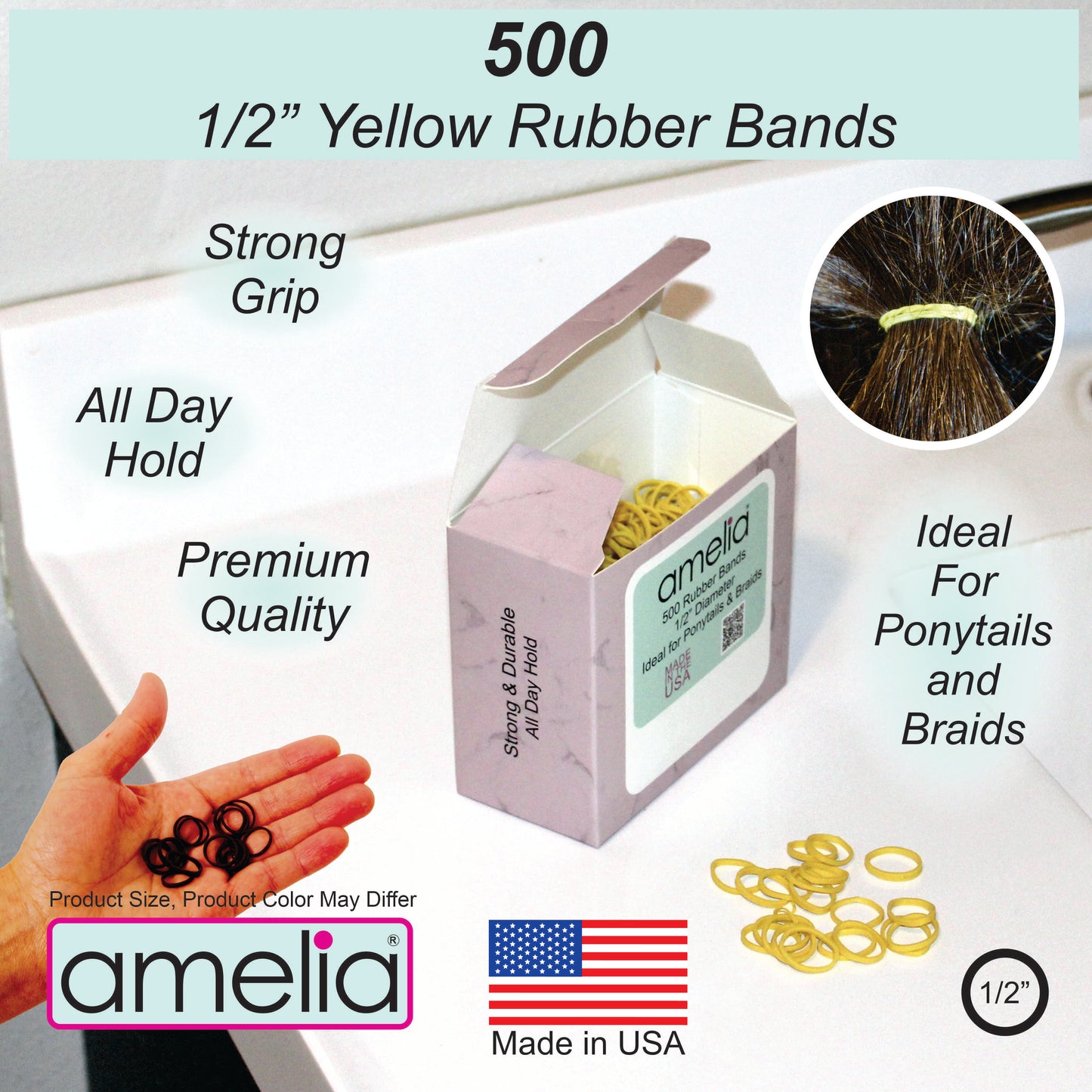 Amelia Beauty | 1/2in, Yellow, Elastic Rubber Band Pony Tail Holders | Made in USA, Ideal for Ponytails, Braids, Twists, Dreadlocks, Styling Accessories for Women, Men and Girls | 500 Pack