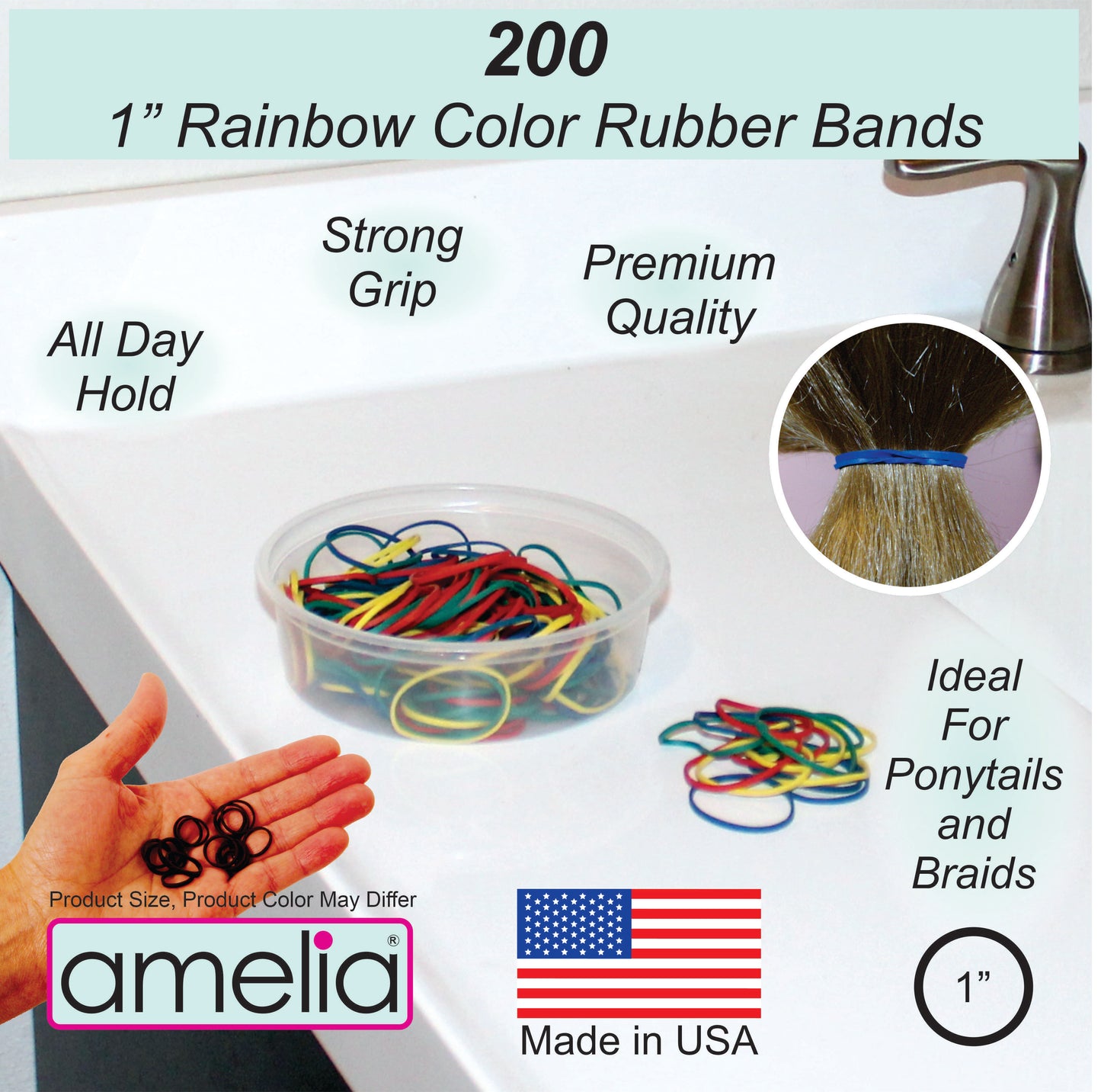 200 Jumbo 1" Rainbow Mix Rubber Bands for Hair | Extra Strong Ponytail Holders for Braids, Buns & Thick Hair | Made in USA | 200 Count Bulk Pack