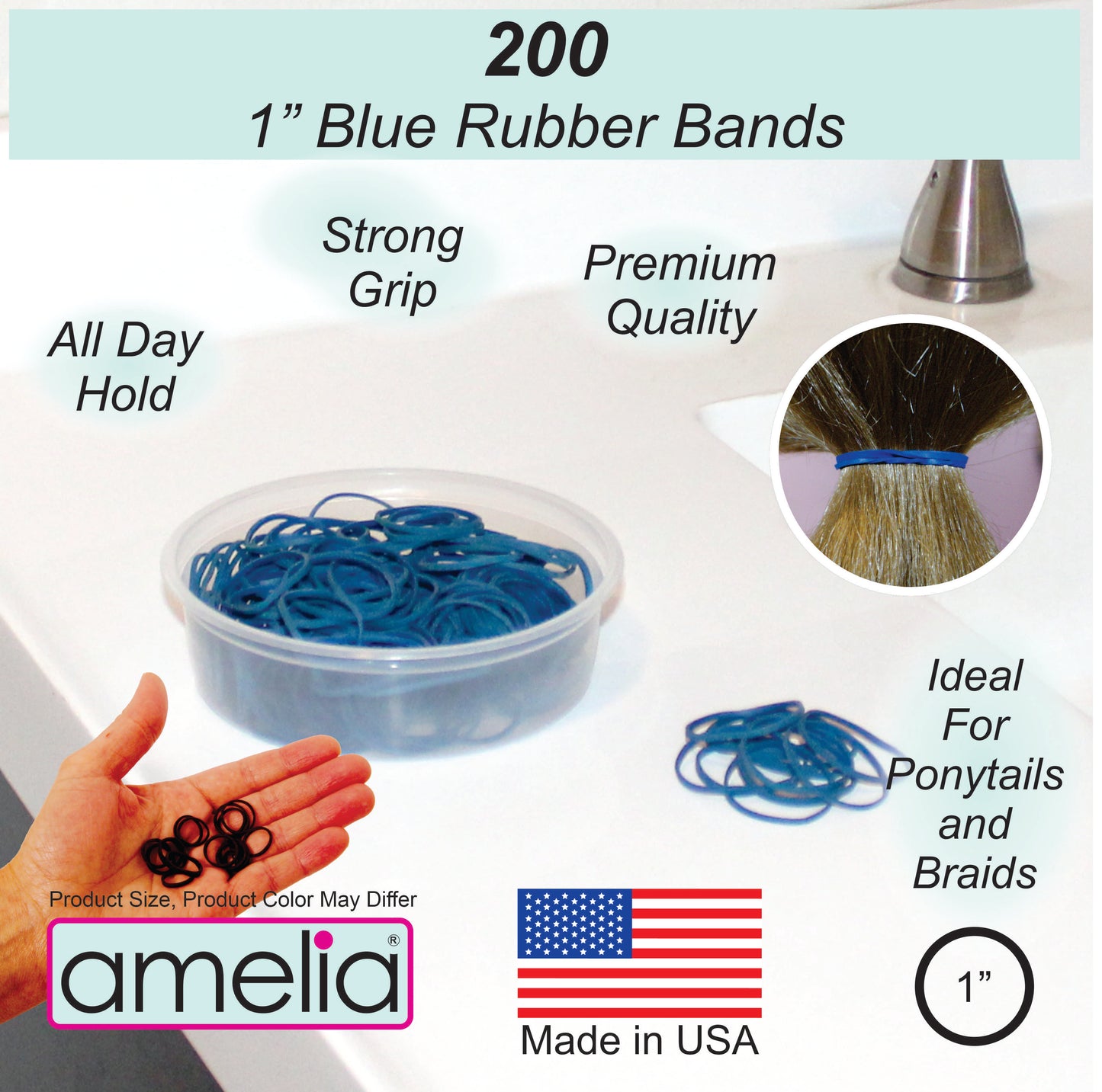200 Jumbo 1" Blue Rubber Bands for Hair | Extra Strong Ponytail Holders for Braids, Buns & Thick Hair | Made in USA | 200 Count Bulk Pack
