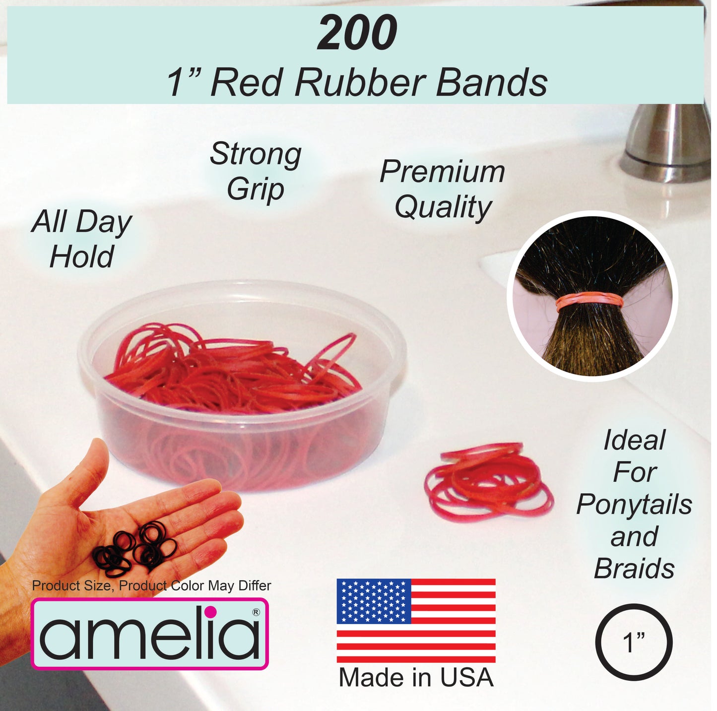 200 Jumbo 1" Red Rubber Bands for Hair | Extra Strong Ponytail Holders for Braids, Buns & Thick Hair | Made in USA | 200 Count Bulk Pack