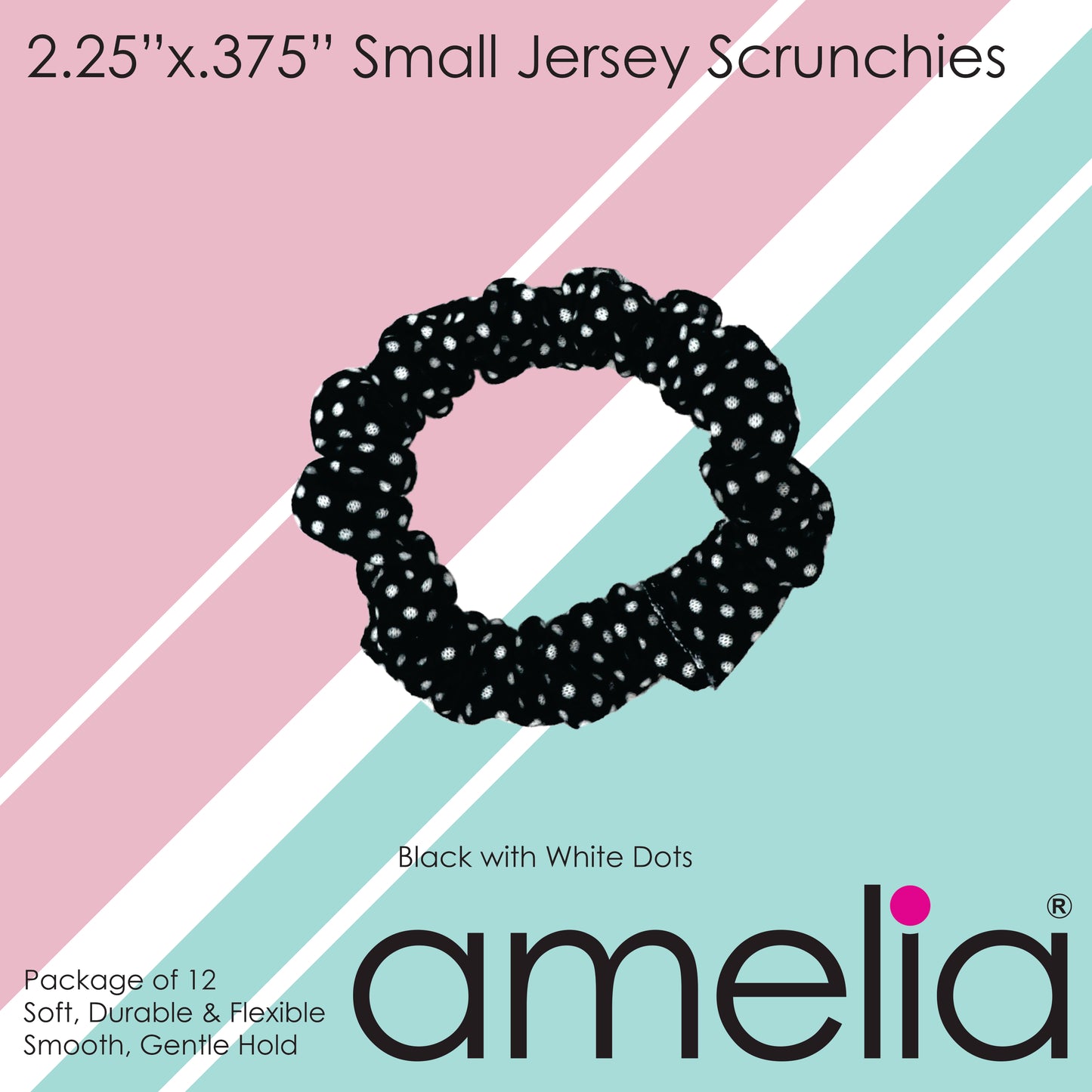 Amelia Beauty, Black/White Polka Dot Jersey Scrunchies, 2.25in Diameter, Gentle on Hair, Strong Hold, No Snag, No Dents or Creases. 12 Pack