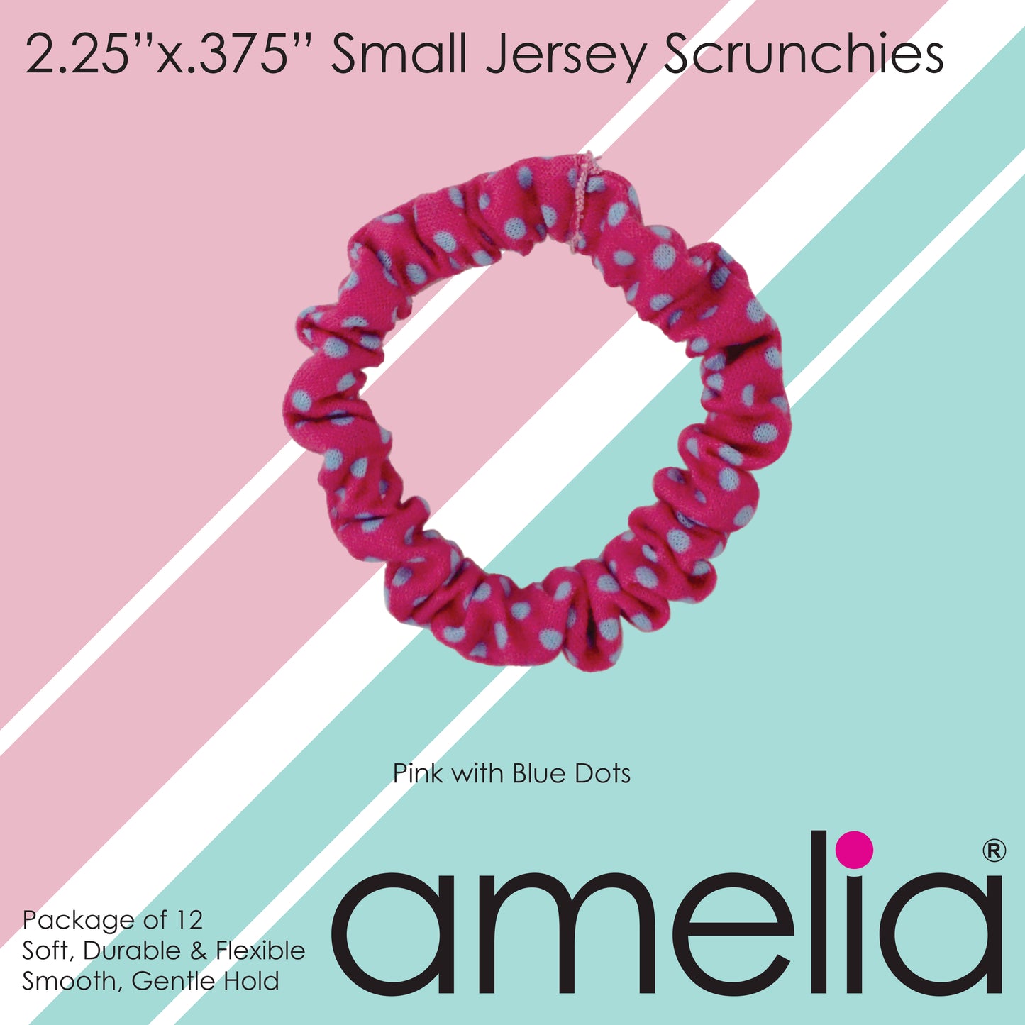 Amelia Beauty, Pink/Blue Dot Jersey Scrunchies, 2.25in Diameter, Gentle on Hair, Strong Hold, No Snag, No Dents or Creases. 12 Pack