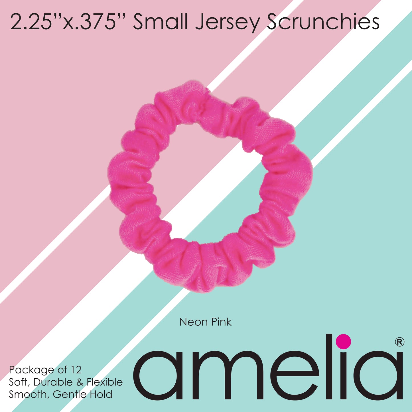 Amelia Beauty, Neon Pink Jersey Scrunchies, 2.25in Diameter, Gentle on Hair, Strong Hold, No Snag, No Dents or Creases. 12 Pack