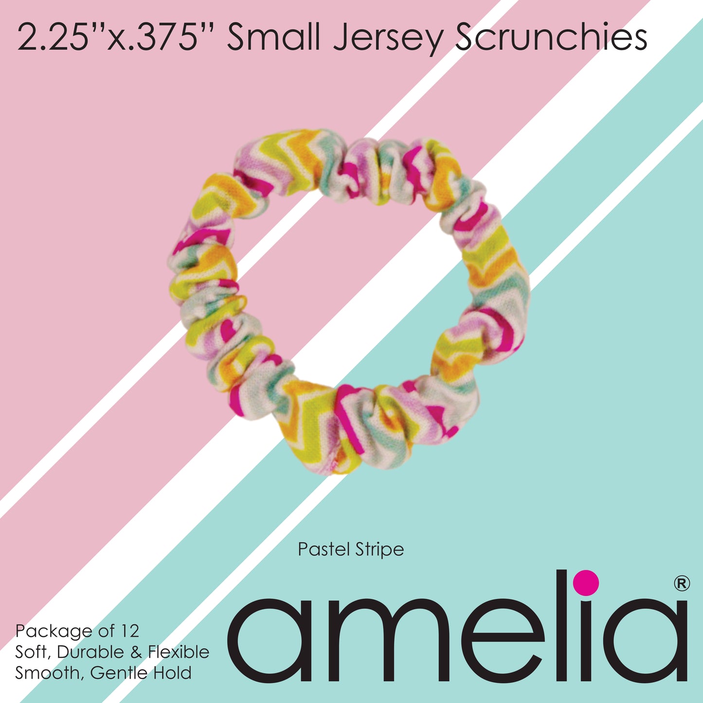 Amelia Beauty, Pastel Stripe Jersey Scrunchies, 2.25in Diameter, Gentle on Hair, Strong Hold, No Snag, No Dents or Creases. 12 Pack