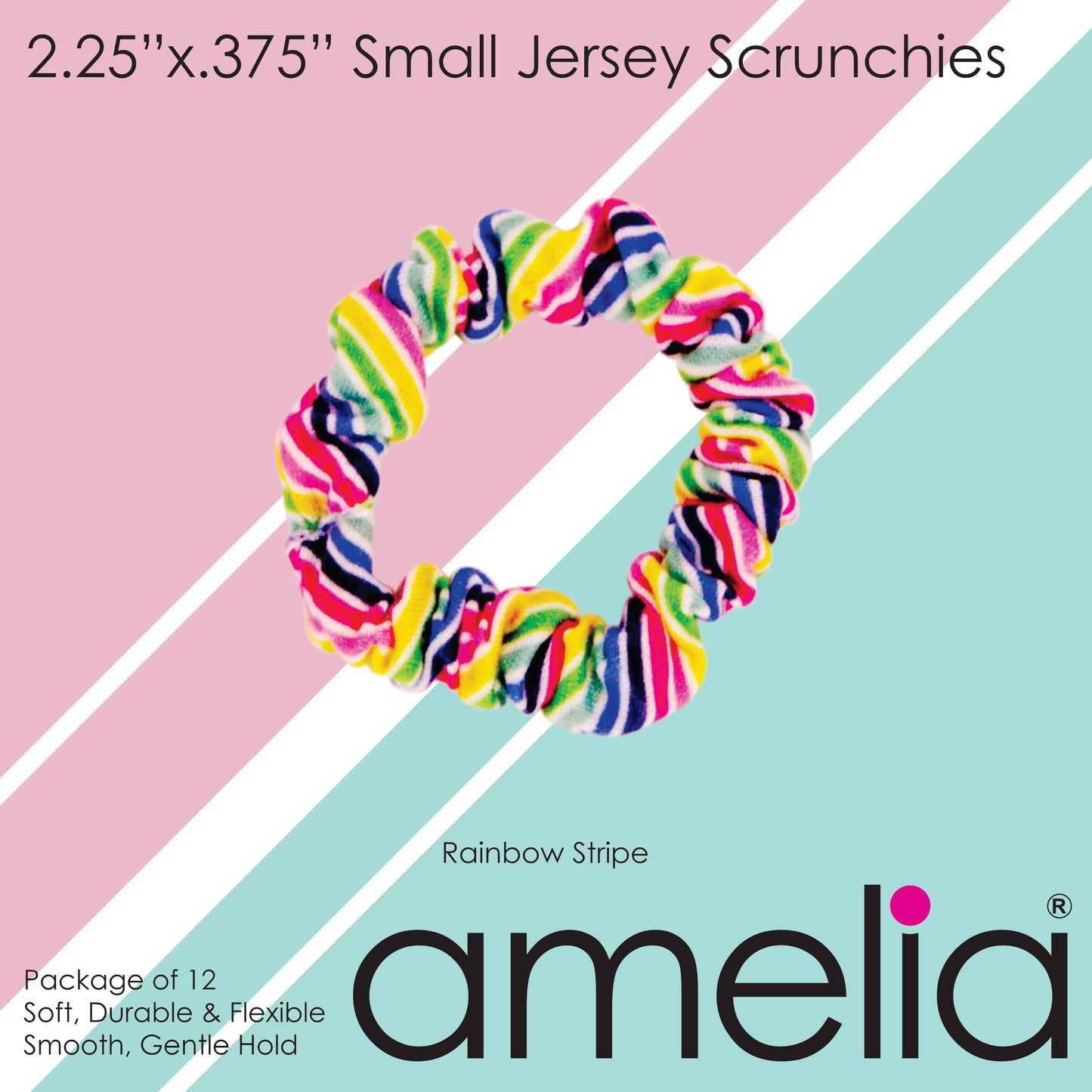 Amelia Beauty, Rainbow Stripe Jersey Scrunchies, 2.25in Diameter, Gentle on Hair, Strong Hold, No Snag, No Dents or Creases. 12 Pack