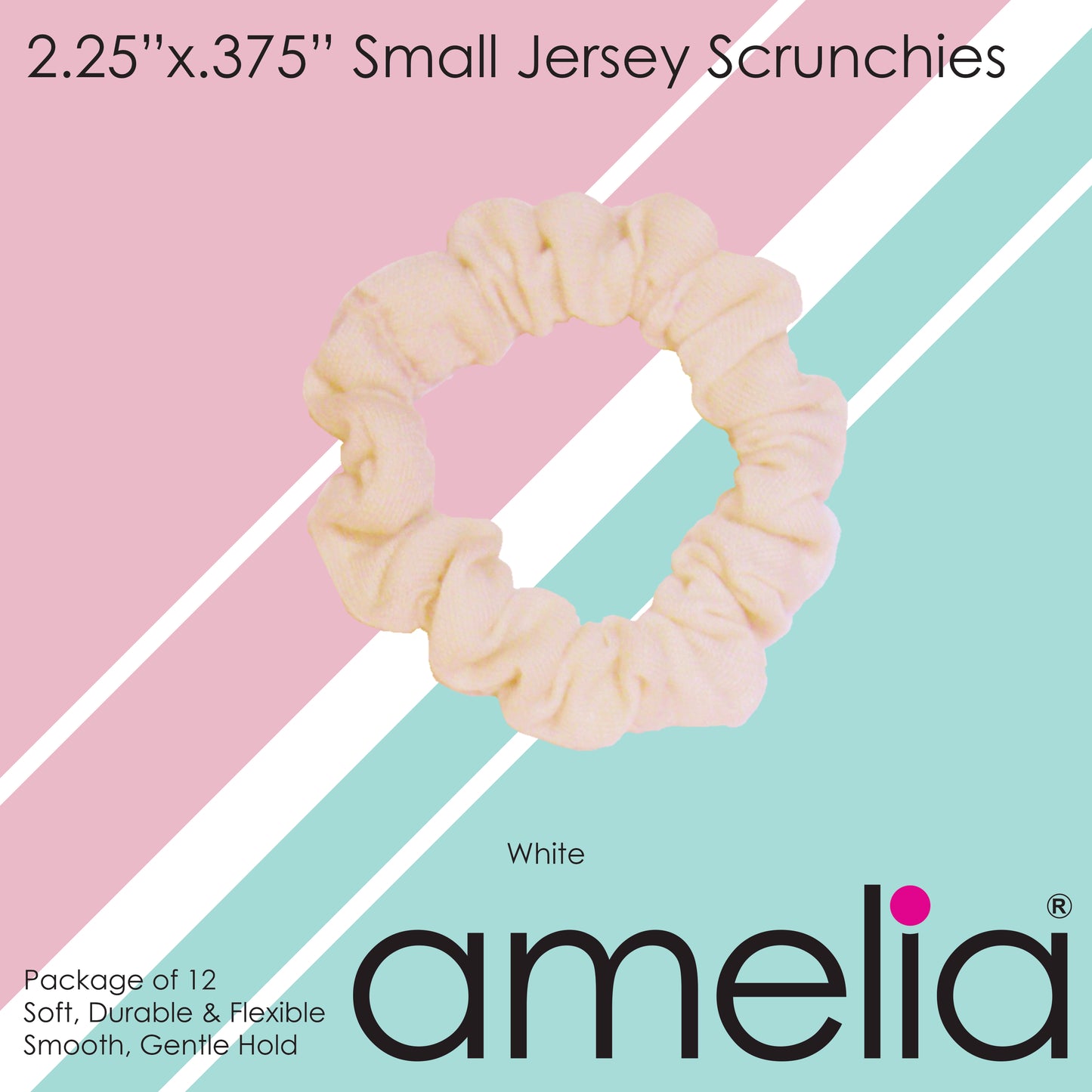 Amelia Beauty, White Jersey Scrunchies, 2.25in Diameter, Gentle on Hair, Strong Hold, No Snag, No Dents or Creases. 12 Pack