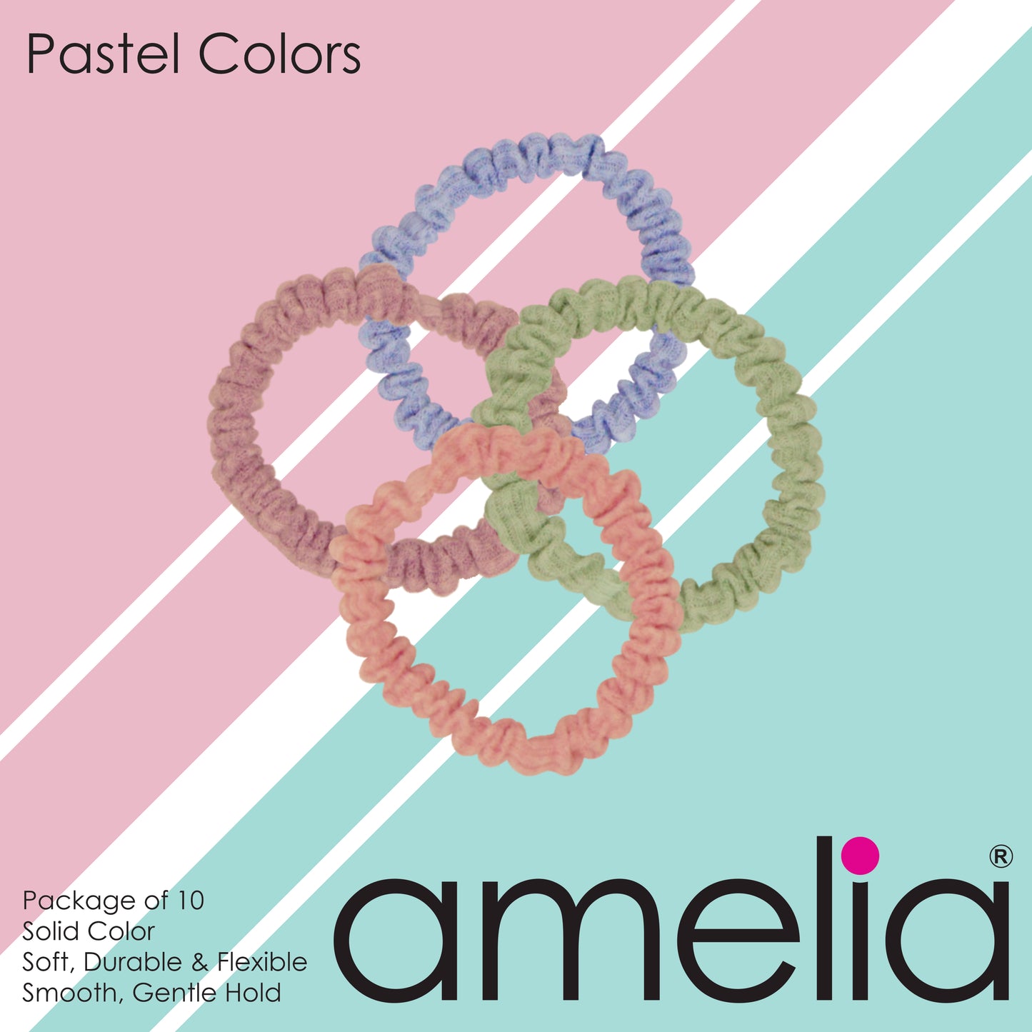 Amelia Beauty, Pastels Ribbed Scrunchies, 2.25in Diameter, Gentle on Hair, Strong Hold, No Snag, No Dents or Creases. 10 Pack