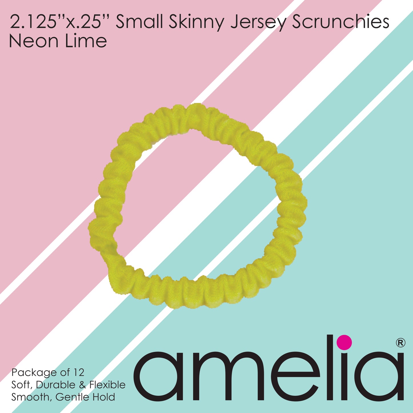 Amelia Beauty, Neon Lime Skinny Jersey Scrunchies, 2.125in Diameter, Gentle on Hair, Strong Hold, No Snag, No Dents or Creases. 12 Pack