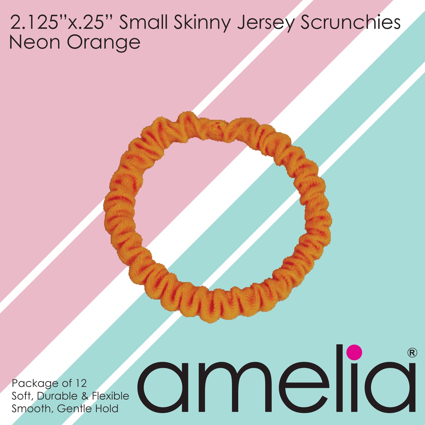 Amelia Beauty, Neon Orange Skinny Jersey Scrunchies, 2.125in Diameter, Gentle on Hair, Strong Hold, No Snag, No Dents or Creases. 12 Pack