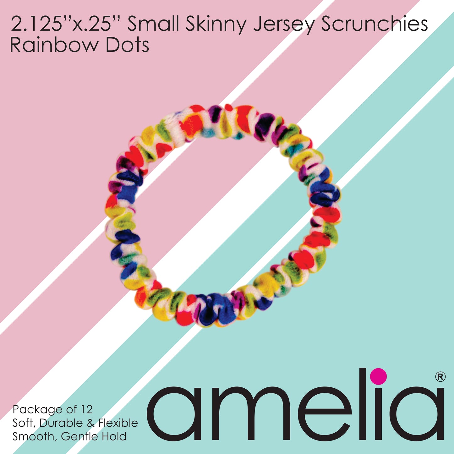 Amelia Beauty, Rainbow Dots Skinny Jersey Scrunchies, 2.125in Diameter, Gentle on Hair, Strong Hold, No Snag, No Dents or Creases. 12 Pack