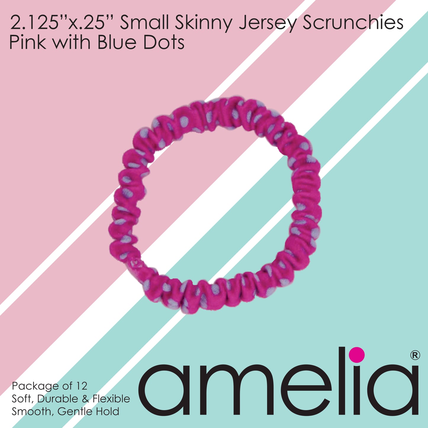 Amelia Beauty, Blue with Pink Dots Skinny Jersey Scrunchies, 2.125in Diameter, Gentle on Hair, Strong Hold, No Snag, No Dents or Creases. 12 Pack