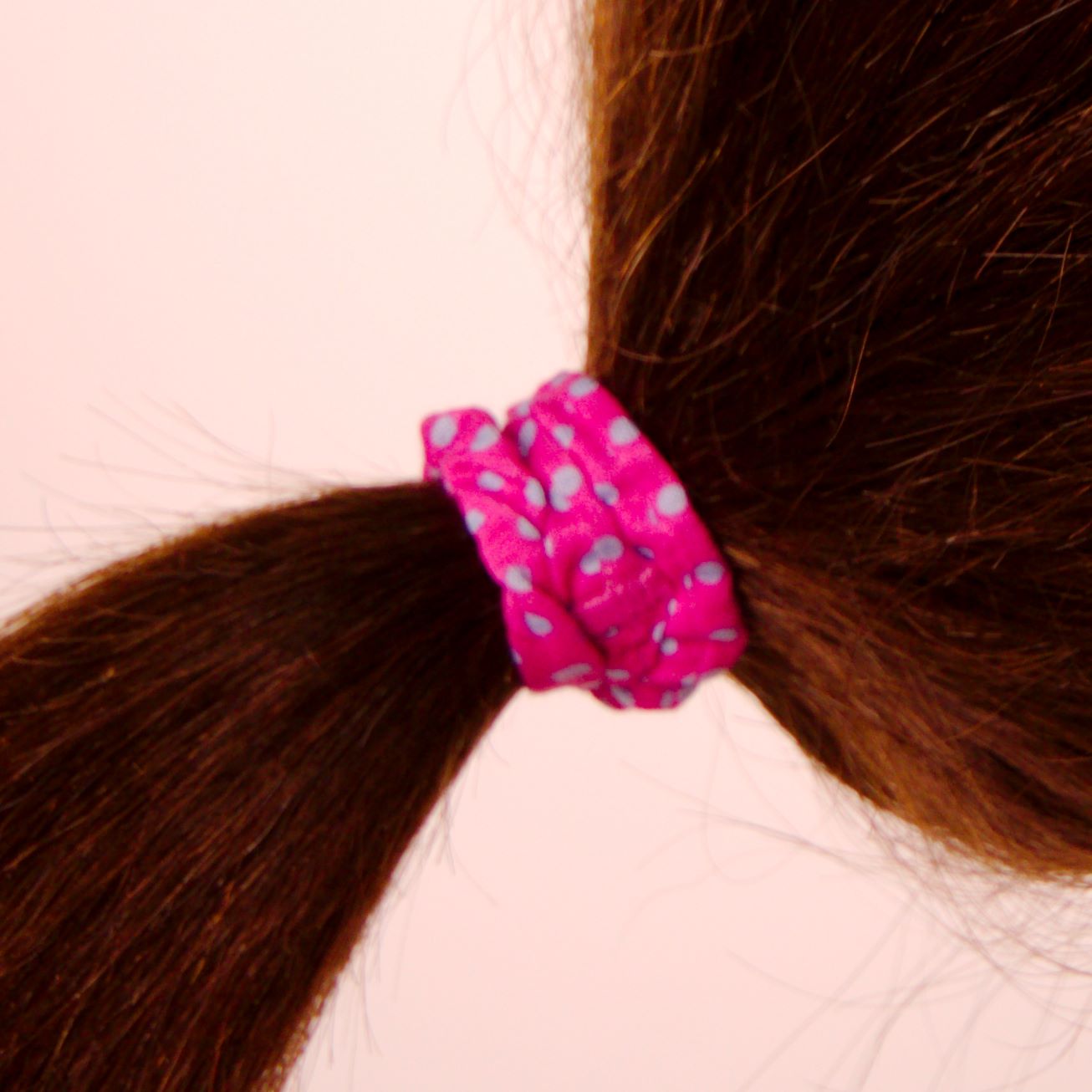 Amelia Beauty, Blue with Pink Dots Skinny Jersey Scrunchies, 2.125in Diameter, Gentle on Hair, Strong Hold, No Snag, No Dents or Creases. 12 Pack