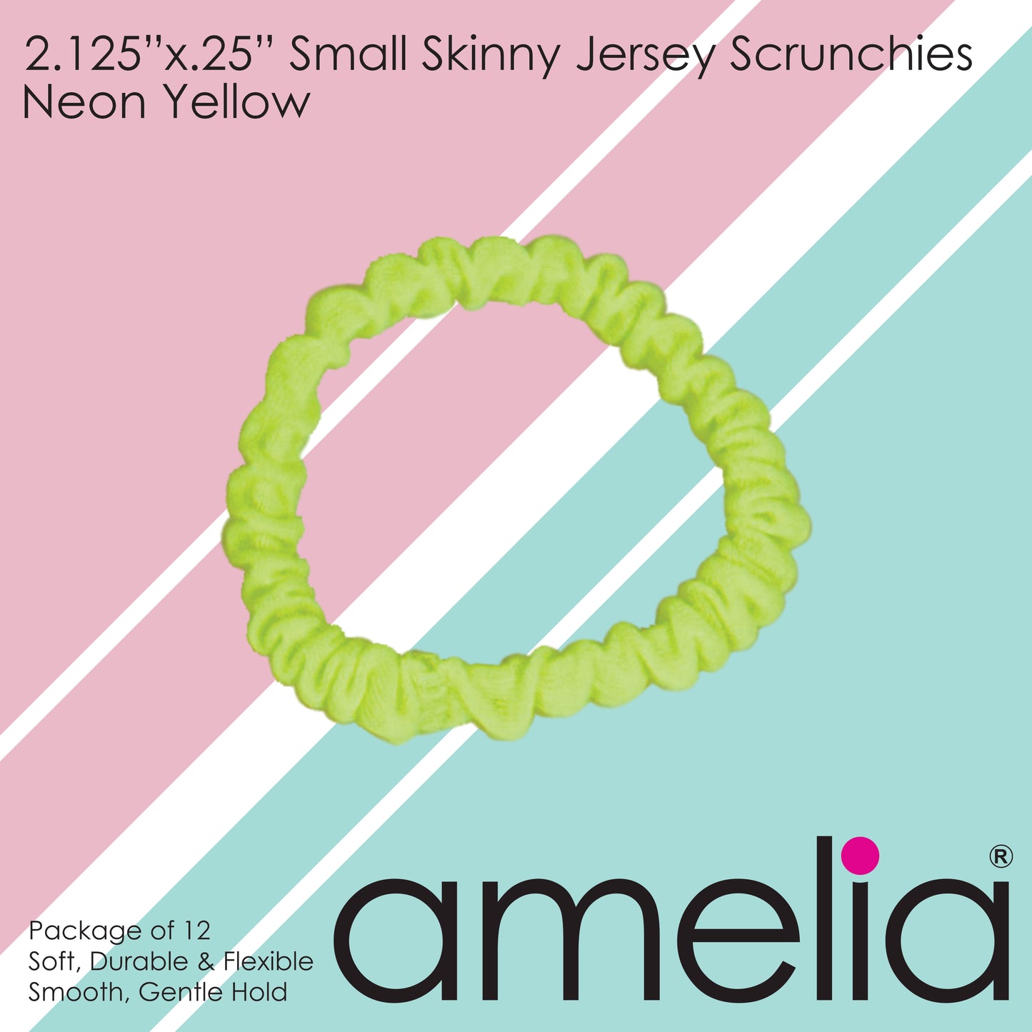 Amelia Beauty, Neon Yellow Skinny Jersey Scrunchies, 2.125in Diameter, Gentle on Hair, Strong Hold, No Snag, No Dents or Creases. 12 Pack