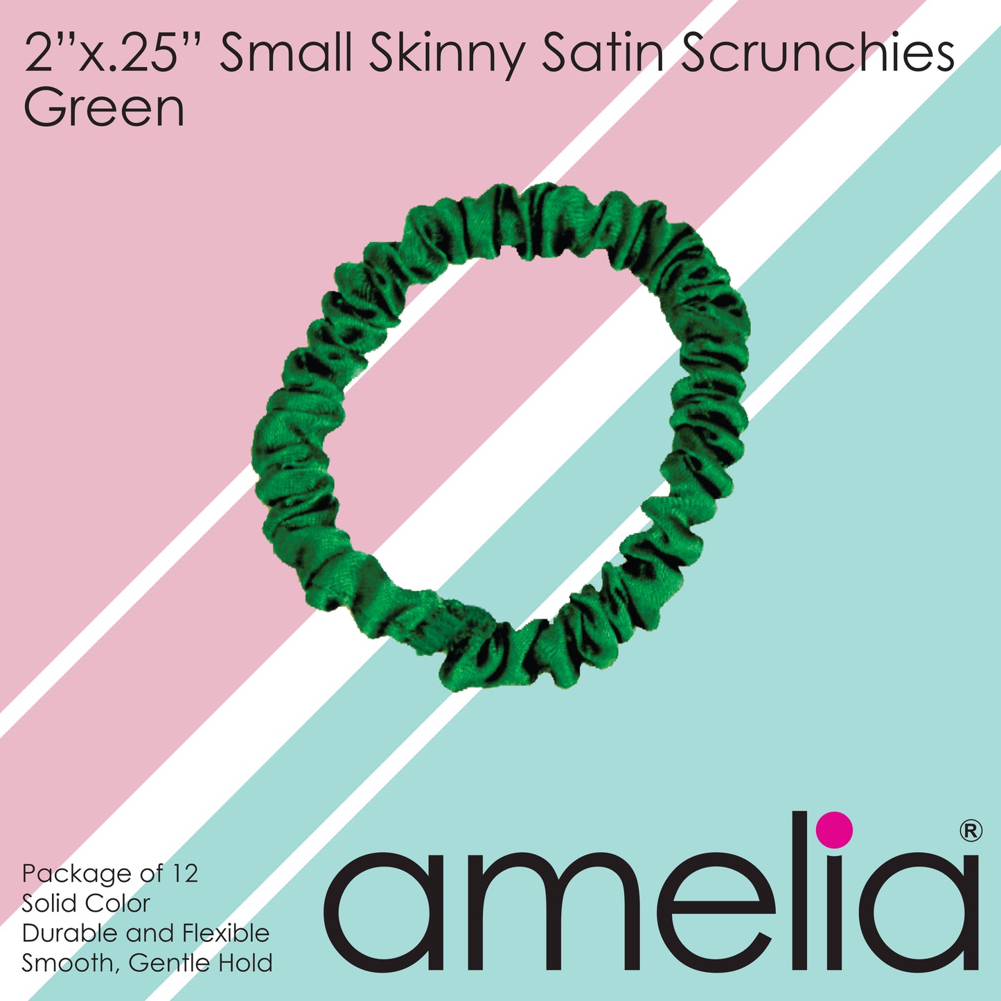 Amelia Beauty, Green Skinny Satin Scrunchies, 2in Diameter, Gentle and Strong Hold, No Snag, No Dents or Creases. 12 Pack