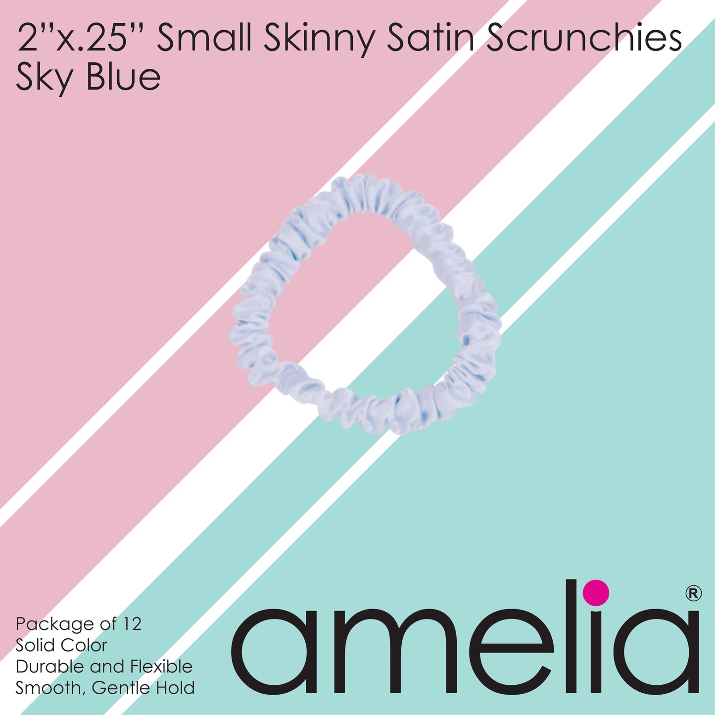 Amelia Beauty, Sky Blue Skinny Satin Scrunchies, 2in Diameter, Gentle and Strong Hold, No Snag, No Dents or Creases. 12 Pack