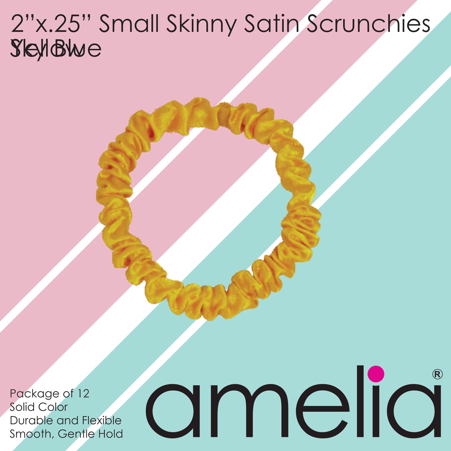 Amelia Beauty, Yellow Skinny Satin Scrunchies, 2in Diameter, Gentle and Strong Hold, No Snag, No Dents or Creases. 12 Pack