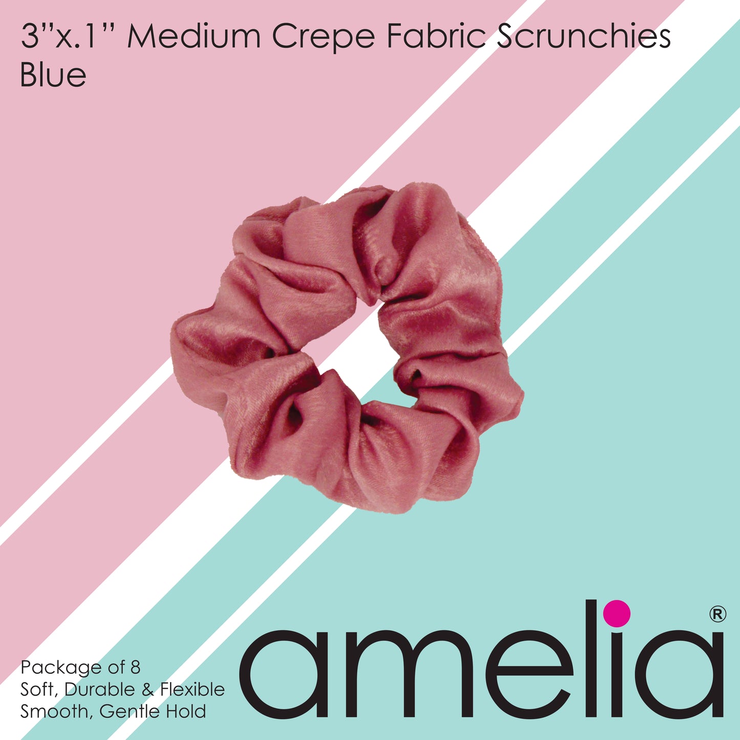 Amelia Beauty | 3in Pink Crepe Scrunchies | Soft, Gentle and Strong Hold | No Snag, No Dents or Creases | 8 Pack