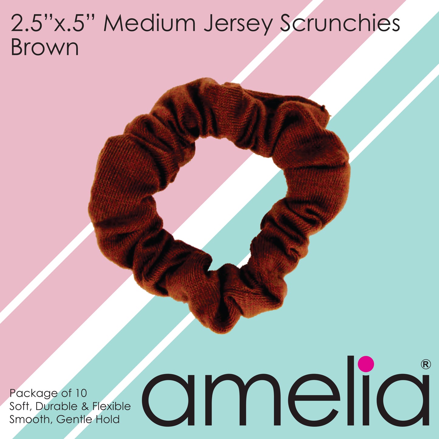 Amelia Beauty, Medium Brown Jersey Scrunchies, 2.5in Diameter, Gentle on Hair, Strong Hold, No Snag, No Dents or Creases. 10 Pack