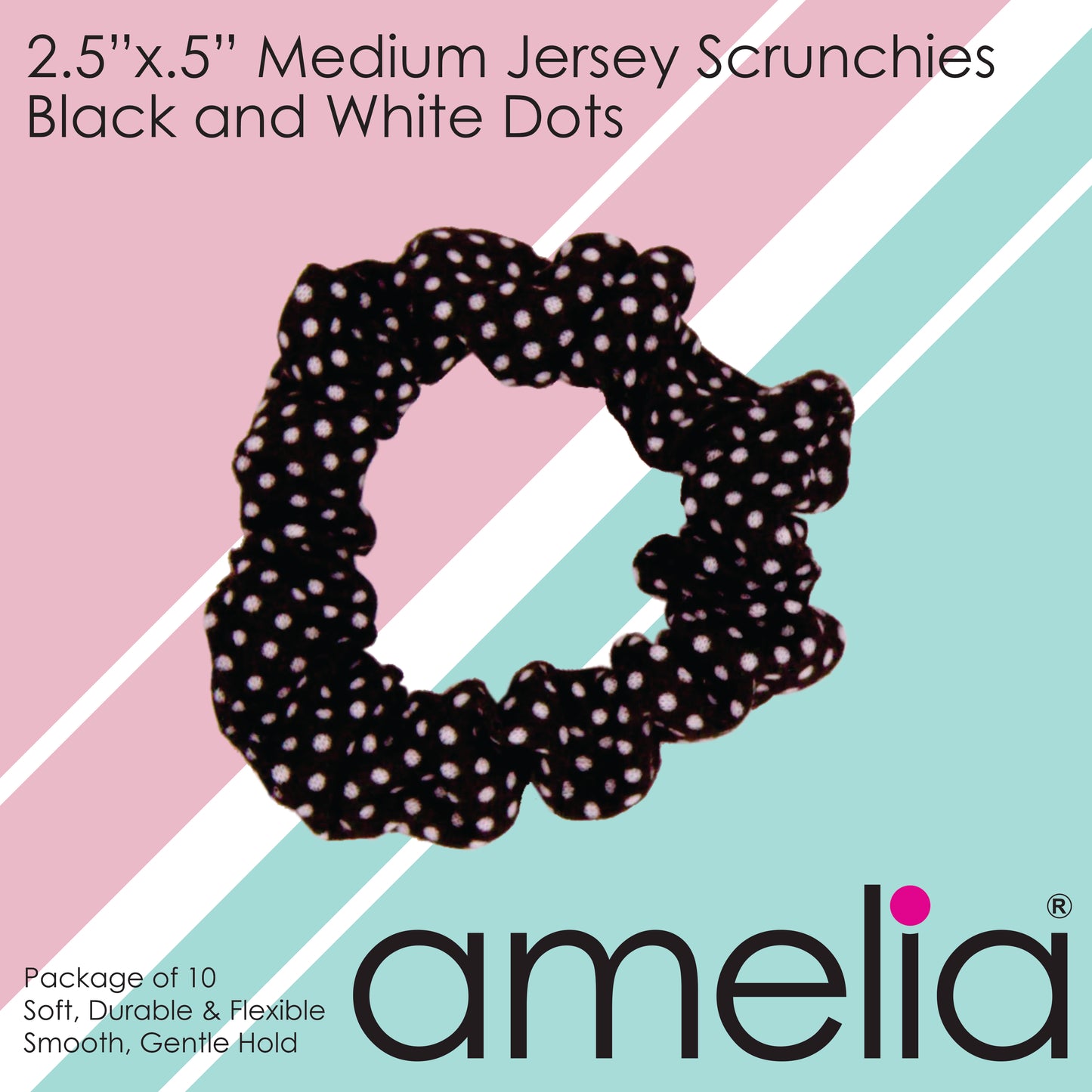 Amelia Beauty, Medium Black White Dot Jersey Scrunchies, 2.5in Diameter, Gentle on Hair, Strong Hold, No Snag, No Dents or Creases. 10 Pack
