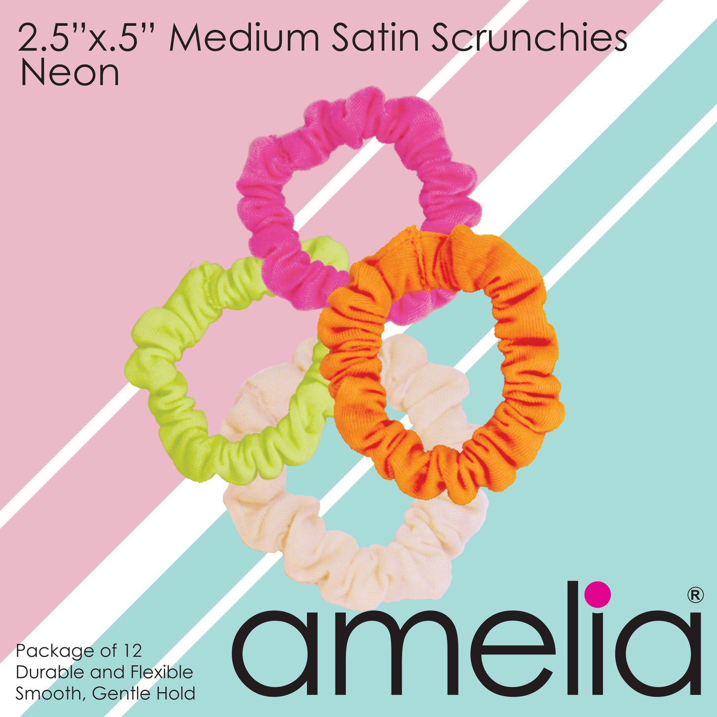 Amelia Beauty, Medium Neon Jersey Scrunchies, 2.5in Diameter, Gentle on Hair, Strong Hold, No Snag, No Dents or Creases. 10 Pack