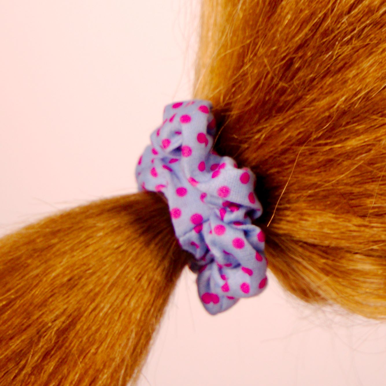 Amelia Beauty, Medium Pink Blue Dot Jersey Scrunchies, 2.5in Diameter, Gentle on Hair, Strong Hold, No Snag, No Dents or Creases. 10 Pack