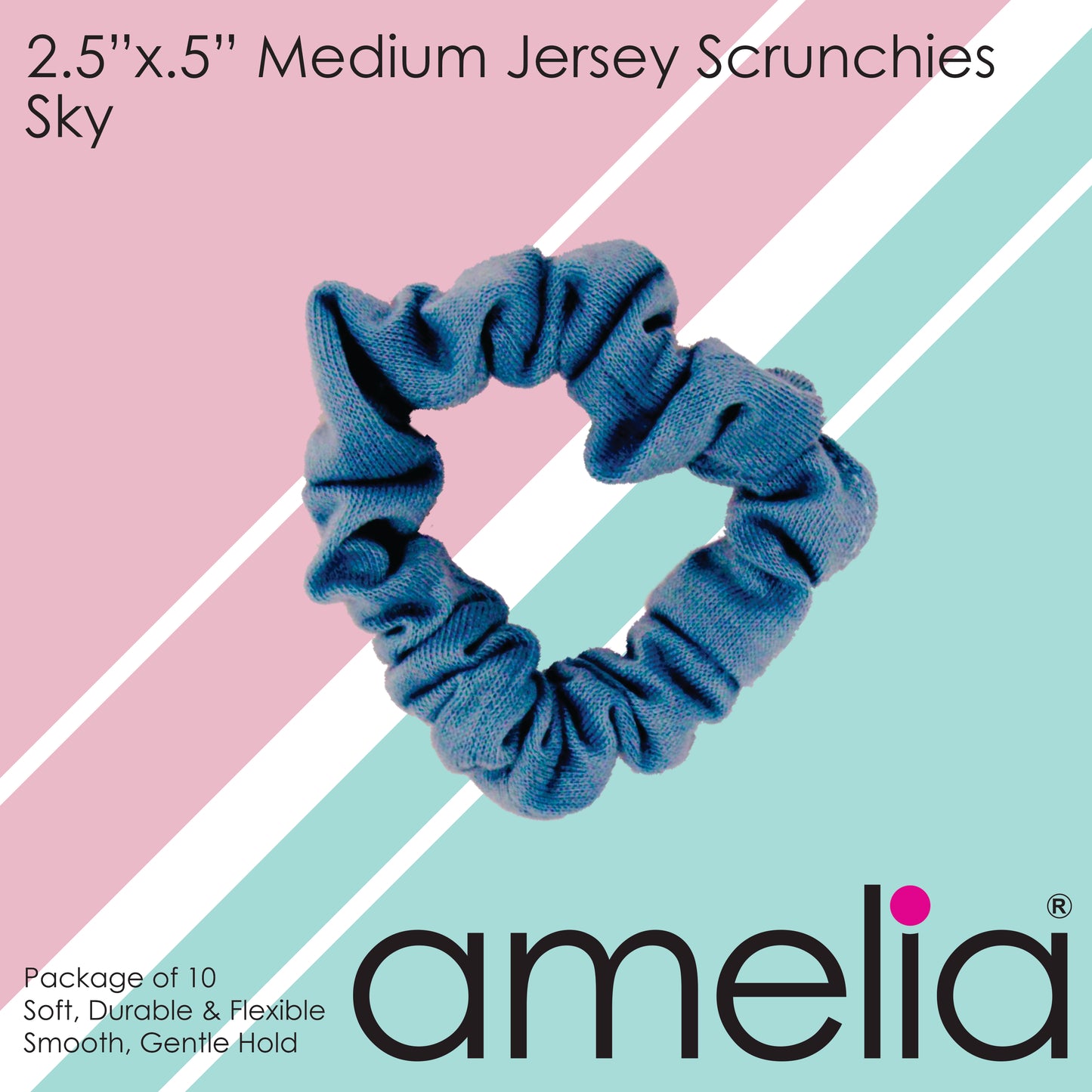 Amelia Beauty, Medium Light Sky Blue Jersey Scrunchies, 2.5in Diameter, Gentle on Hair, Strong Hold, No Snag, No Dents or Creases. 10 Pack