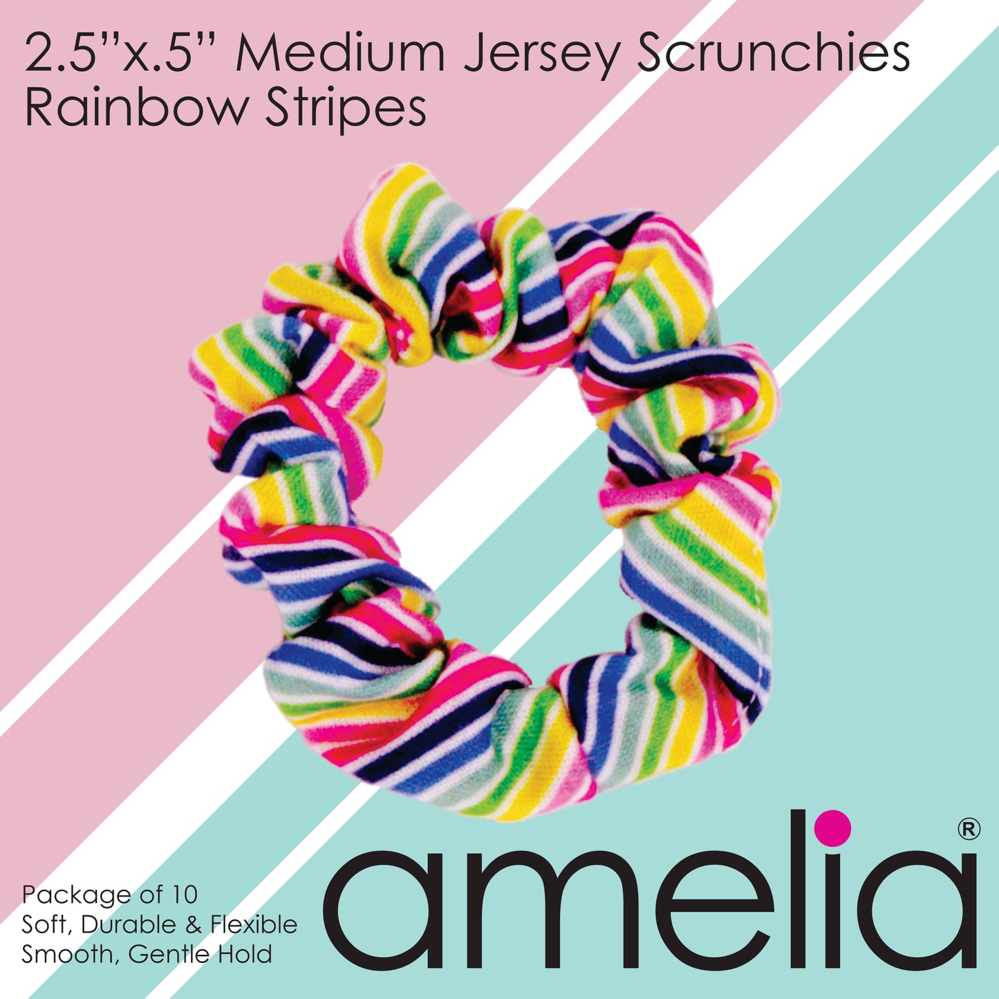 Amelia Beauty, Medium Rainbow Stripe Jersey Scrunchies, 2.5in Diameter, Gentle on Hair, Strong Hold, No Snag, No Dents or Creases. 10 Pack
