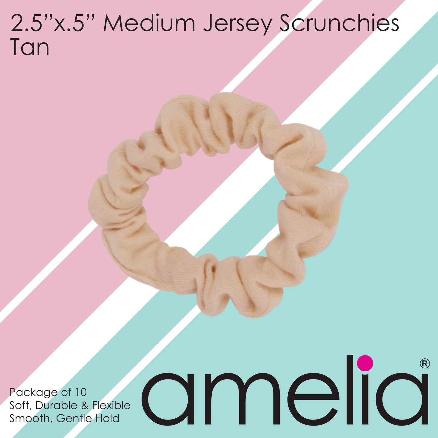 Amelia Beauty, Medium Tan Jersey Scrunchies, 2.5in Diameter, Gentle on Hair, Strong Hold, No Snag, No Dents or Creases. 10 Pack