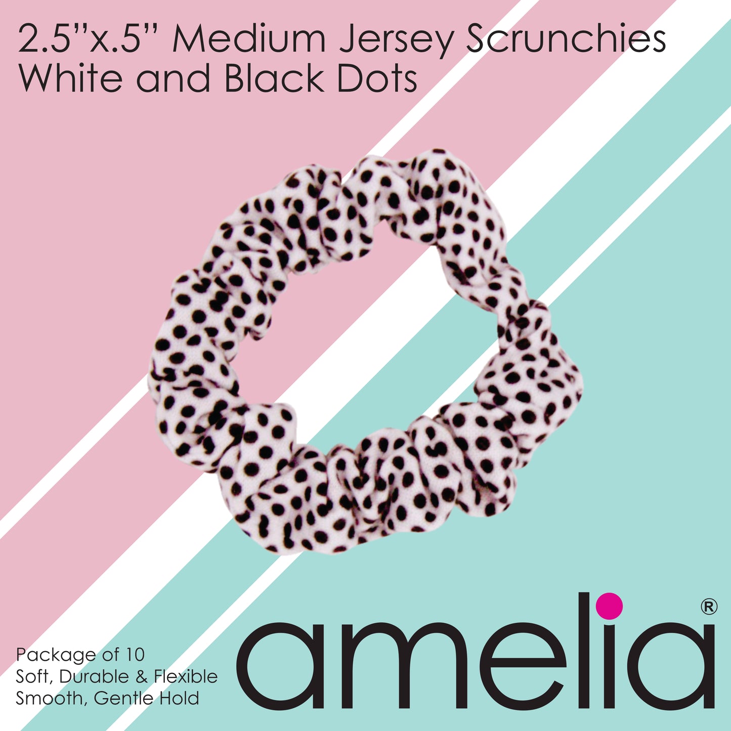 Amelia Beauty, Medium White with Black Polka Dot Jersey Scrunchies, 2.5in Diameter, Gentle on Hair, Strong Hold, No Snag, No Dents or Creases. 10 Pack