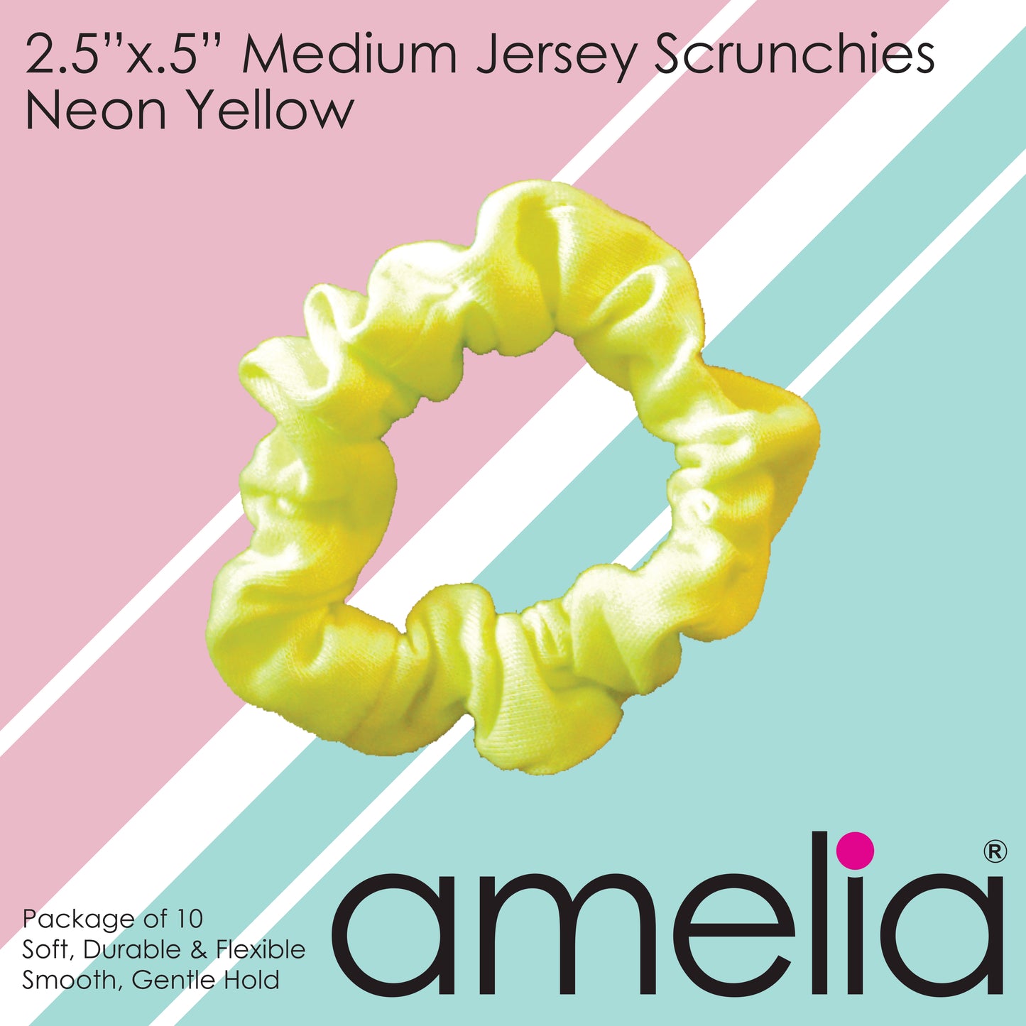 Amelia Beauty, Medium Neon Lime Jersey Scrunchies, 2.5in Diameter, Gentle on Hair, Strong Hold, No Snag, No Dents or Creases. 10 Pack