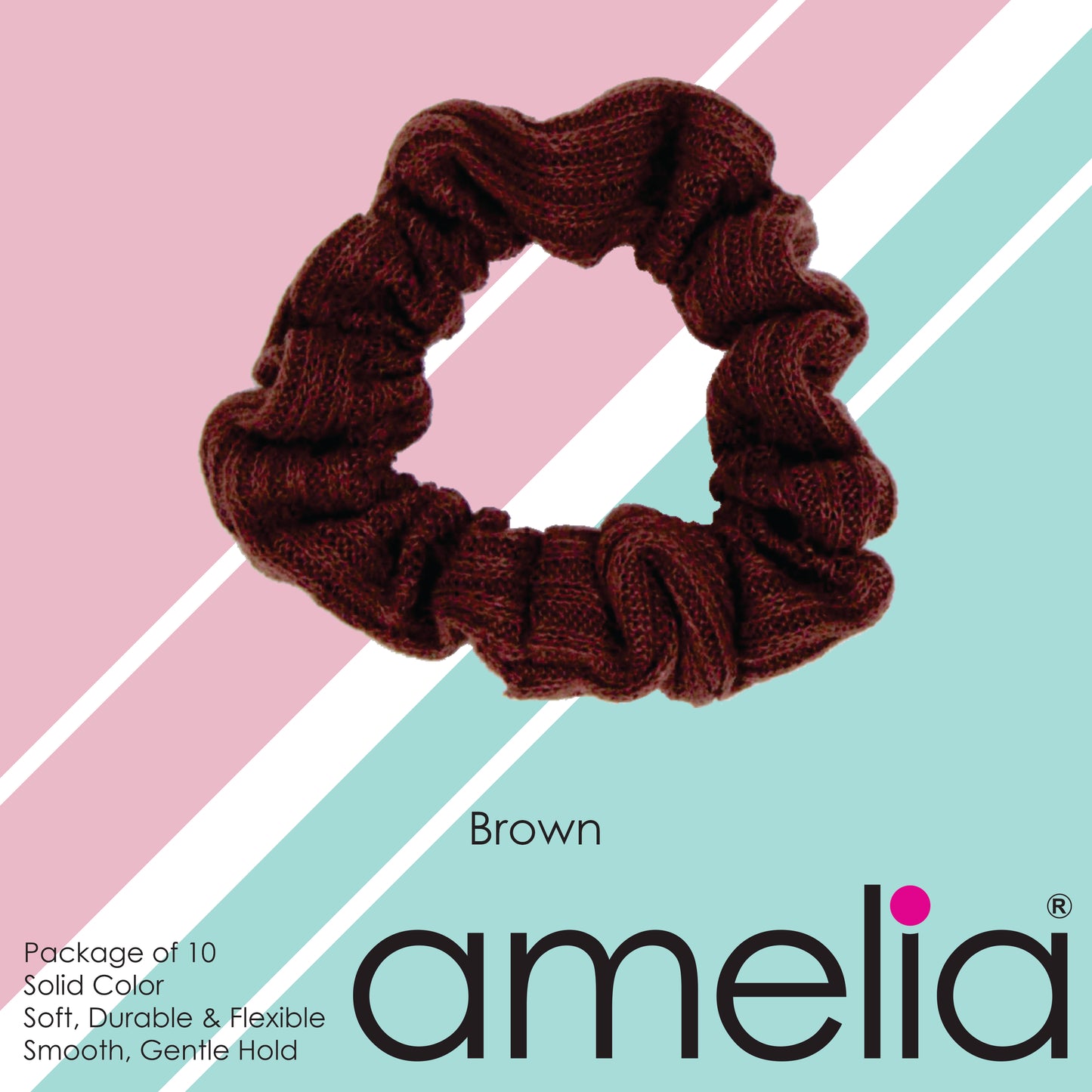 Amelia Beauty, Medium Brown Ribbed Scrunchies, 2.5in Diameter, Gentle on Hair, Strong Hold, No Snag, No Dents or Creases. 10 Pack