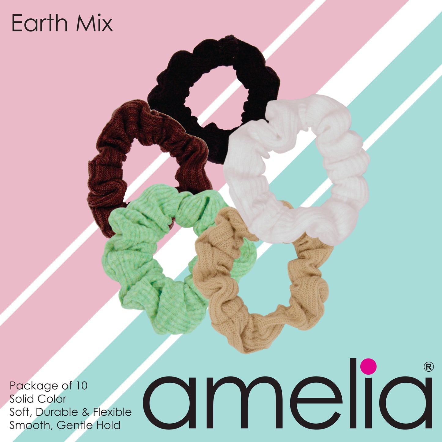 Amelia Beauty, Medium Earth Tones Ribbed Scrunchies, 2.5in Diameter, Gentle on Hair, Strong Hold, No Snag, No Dents or Creases. 10 Pack