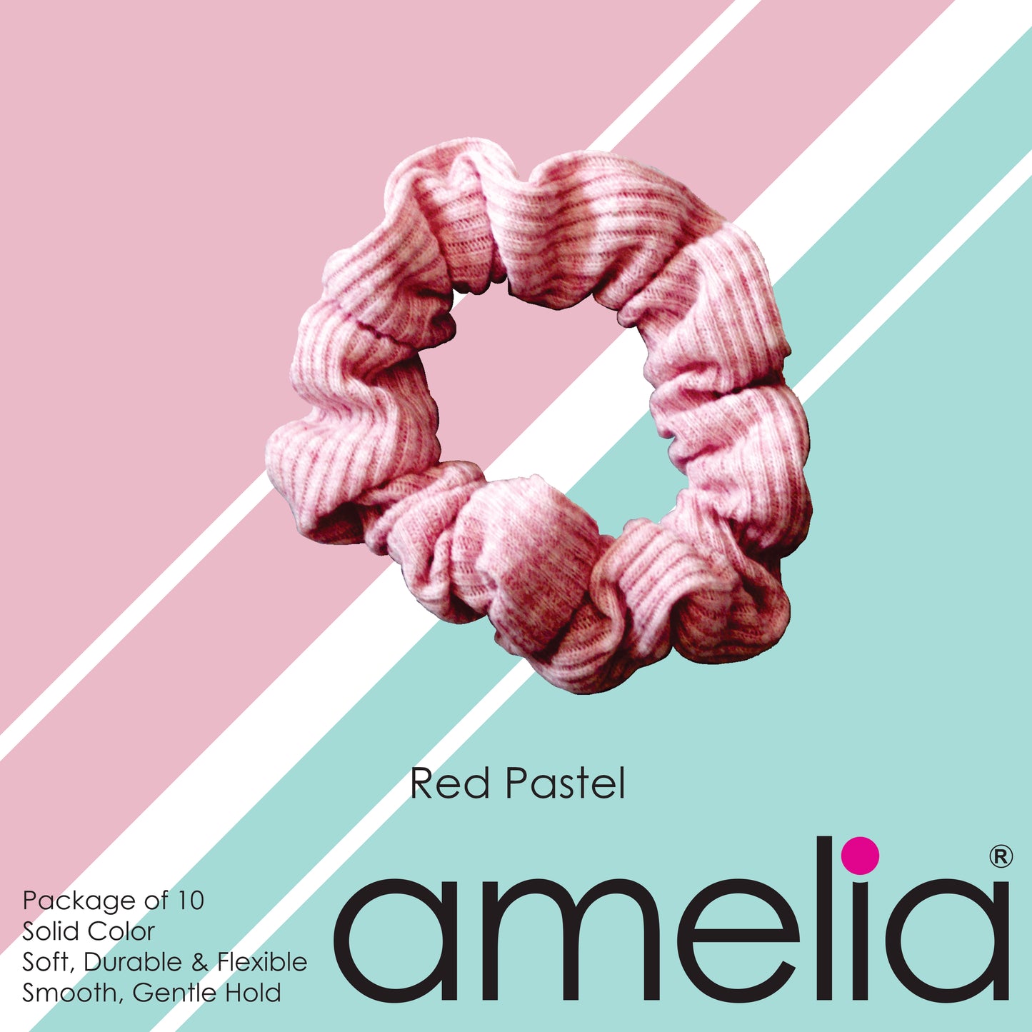 Amelia Beauty, Medium Pastel Red Ribbed Scrunchies, 2.5in Diameter, Gentle on Hair, Strong Hold, No Snag, No Dents or Creases. 10 Pack