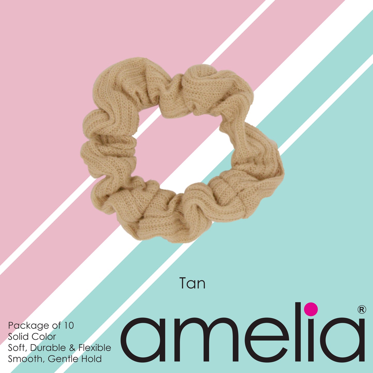 Amelia Beauty, Medium Tan Ribbed Scrunchies, 2.5in Diameter, Gentle on Hair, Strong Hold, No Snag, No Dents or Creases. 10 Pack