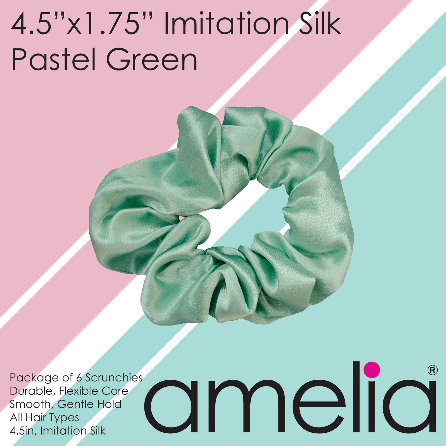 Amelia Beauty, Pastel Green, 4.5in Diameter Imitation Silk Scrunchies, Gentle on Hair, Strong Hold, No Snag, No Dents or Creases. 6 Pack