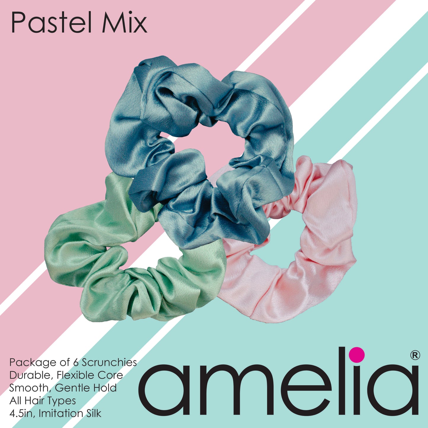 Amelia Beauty, Pastel Mix Imitation Silk Scrunchies, 4.5in Diameter, Gentle on Hair, Strong Hold, No Snag, No Dents or Creases. 6 Pack
