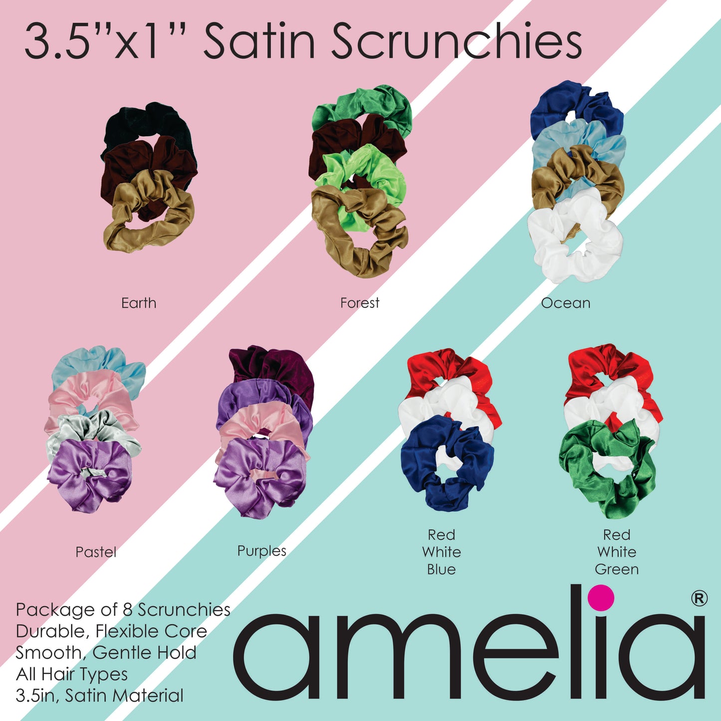 Amelia Beauty Products, Pink Satin Scrunchies, 3.5in Diameter, Gentle on Hair, Strong Hold, No Snag, No Dents or Creases. 8 Pack