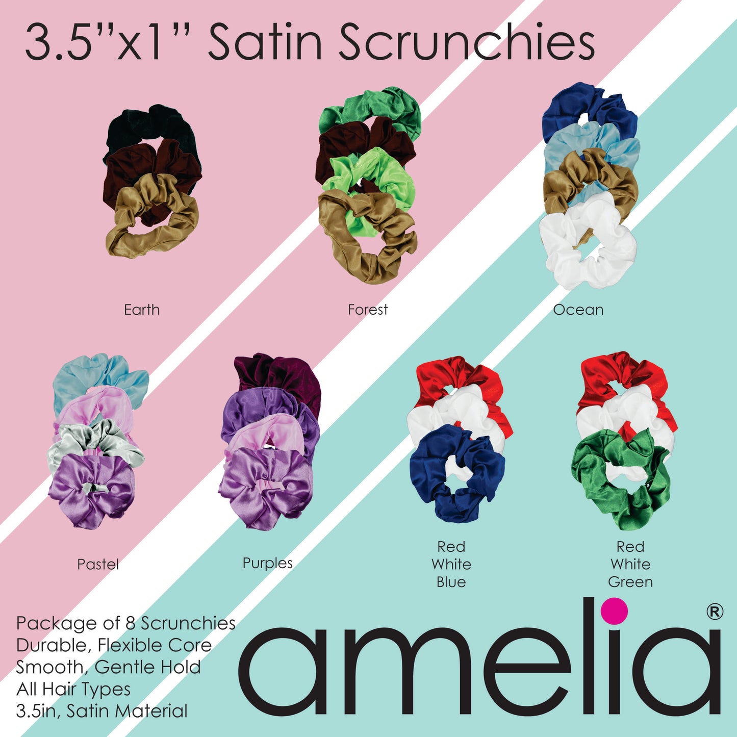 Amelia Beauty, Pastel Green, 4.5in Diameter Imitation Silk Scrunchies, Gentle on Hair, Strong Hold, No Snag, No Dents or Creases. 6 Pack