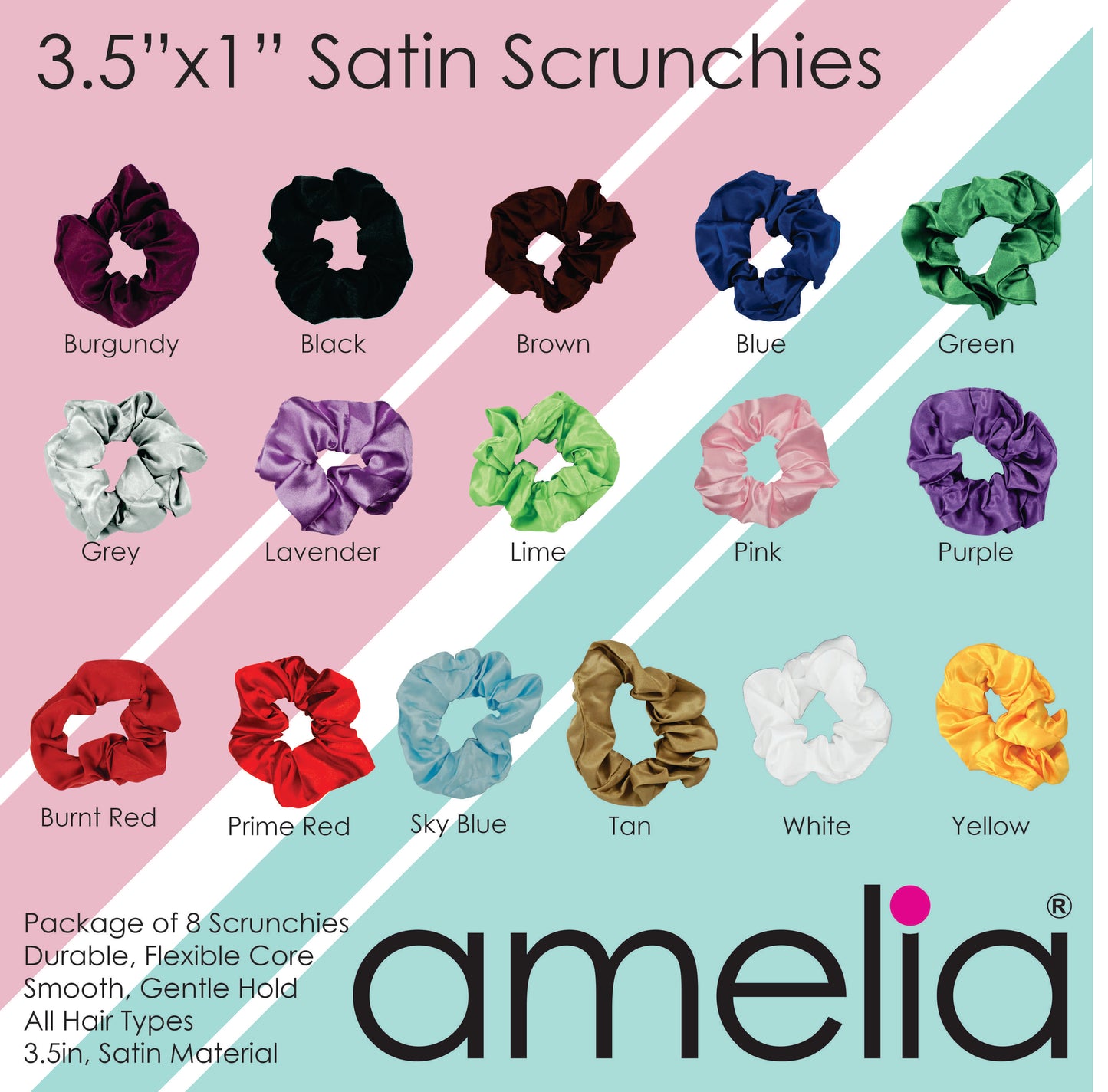 Amelia Beauty Products, Pink Satin Scrunchies, 3.5in Diameter, Gentle on Hair, Strong Hold, No Snag, No Dents or Creases. 8 Pack