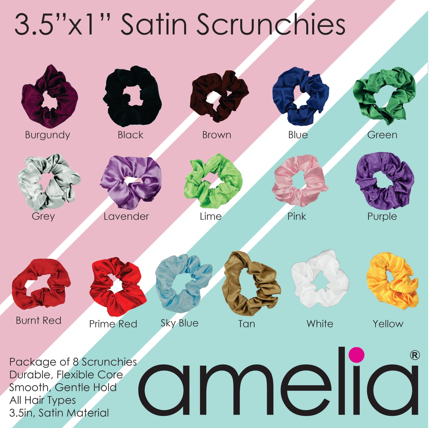 Amelia Beauty Products,  Earth Blend Satin Scrunchies, 3.5in Diameter, Gentle on Hair, Strong Hold, No Snag, No Dents or Creases. 8 Pack
