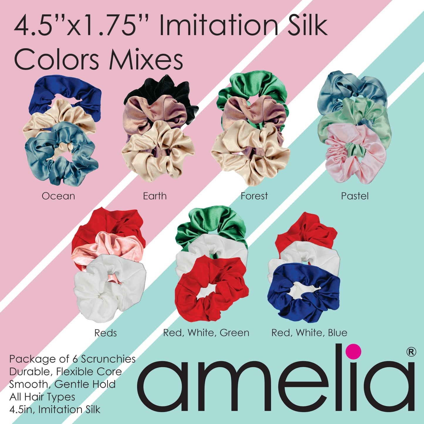 Amelia Beauty, Ocean Mix Imitation Silk Scrunchies, 4.5in Diameter, Gentle on Hair, Strong Hold, No Snag, No Dents or Creases. 6 Pack
