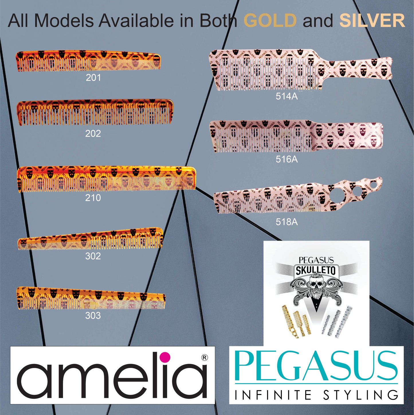 Pegasus Skulleto 303, 6.5in Hard Rubber Heavy Barber Comb, Handmade, Seamless, Smooth Edges, Anti Static, Heat and Chemically Resistant, Wet Hair, Everyday Grooming Comb | Peines de goma dura - Silver