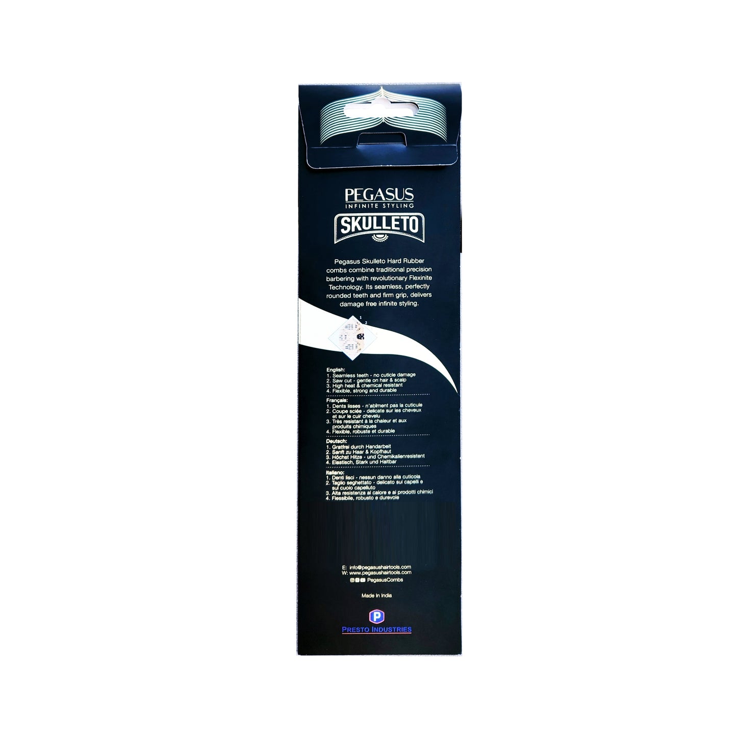 Pegasus Skulleto 303, 6.5in Hard Rubber Heavy Barber Comb, Handmade, Seamless, Smooth Edges, Anti Static, Heat and Chemically Resistant, Wet Hair, Everyday Grooming Comb | Peines de goma dura - Silver