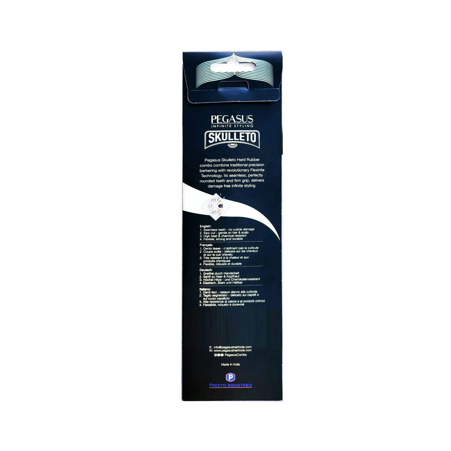 Pegasus Skulleto 303, 6.5in Hard Rubber Heavy Barber Comb, Handmade, Seamless, Smooth Edges, Anti Static, Heat and Chemically Resistant, Wet Hair, Everyday Grooming Comb | Peines de goma dura - Gold