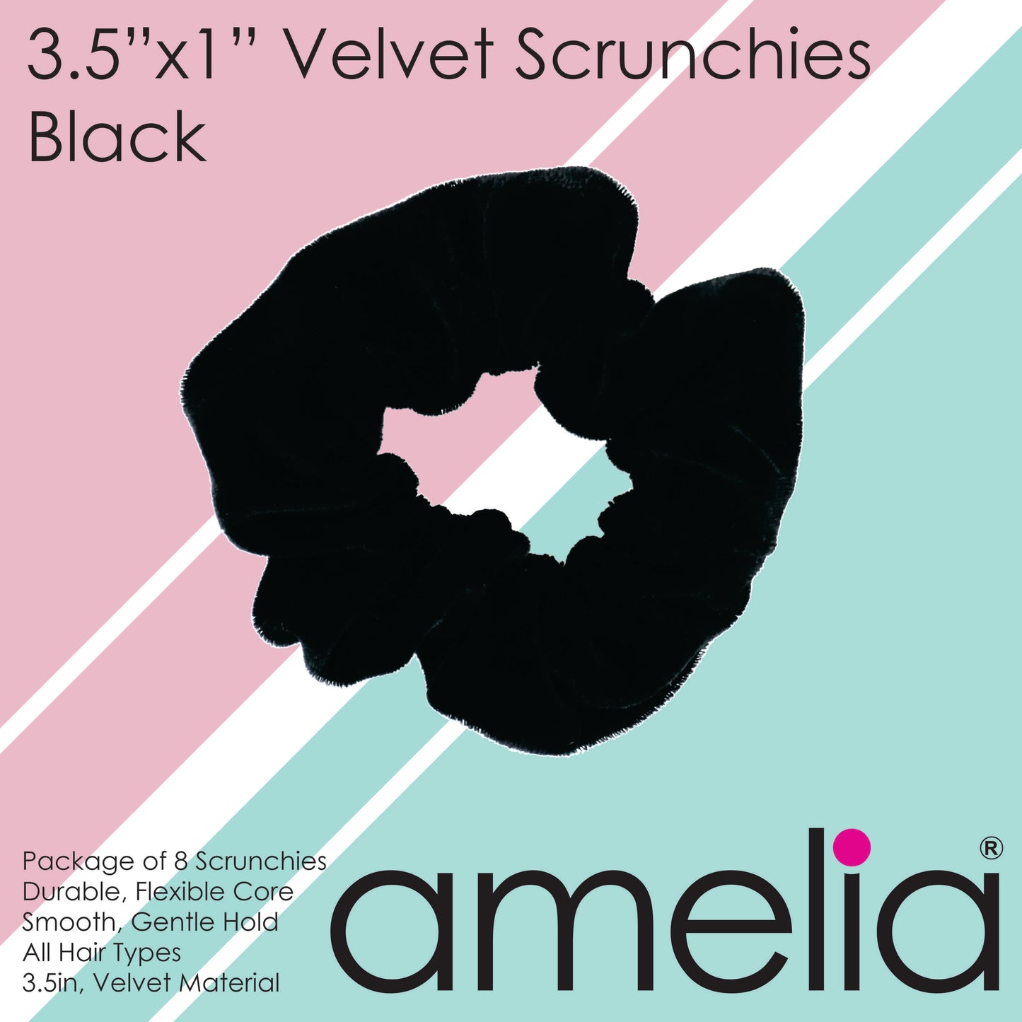 Amelia Beauty, Black Velvet Scrunchies, 3.5in Diameter, Gentle on Hair, Strong Hold, No Snag, No Dents or Creases. 8 Pack
